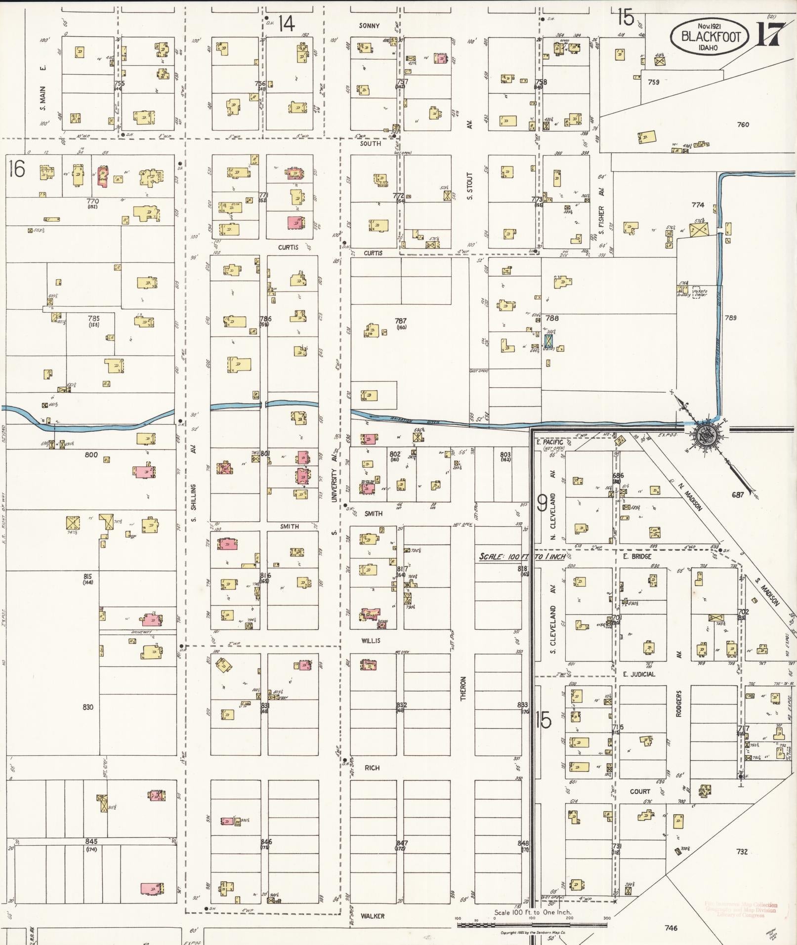 Sanborn Fire Insurance Map from Blackfoot, Bingham County, Idaho (1921), Sheet #0017 - Historic Sanborn Fire Insurance Map Print, vintage old map wall art, antique decor, genealogy gift, Idaho Idaho map