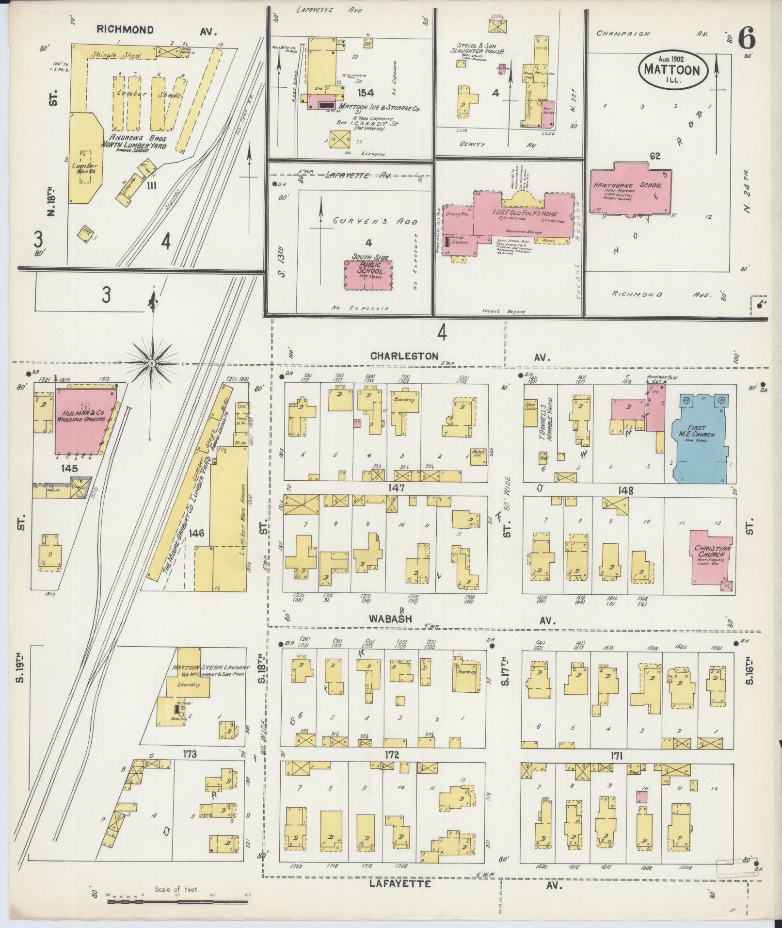 Sanborn Fire Insurance Map from Mattoon, Coles County, Illinois (1902), Sheet #0006 - Historic Sanborn Fire Insurance Map Print, vintage old map wall art, antique decor, genealogy gift, Illinois Illinois map