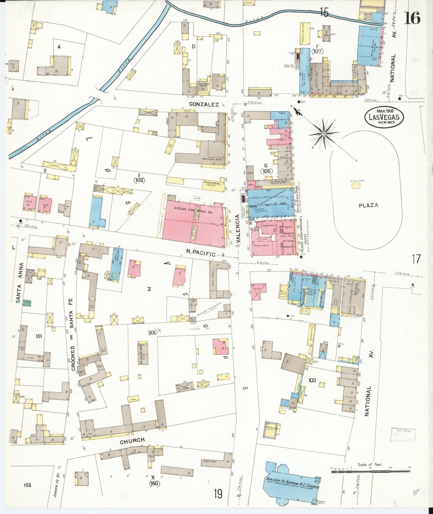 Sanborn Fire Insurance Map from Las Vegas, San Miguel County, New Mexico (1908), Sheet #0016 - Complete Map Set gallery image, historic Sanborn map, vintage wall art, New Mexico New Mexico