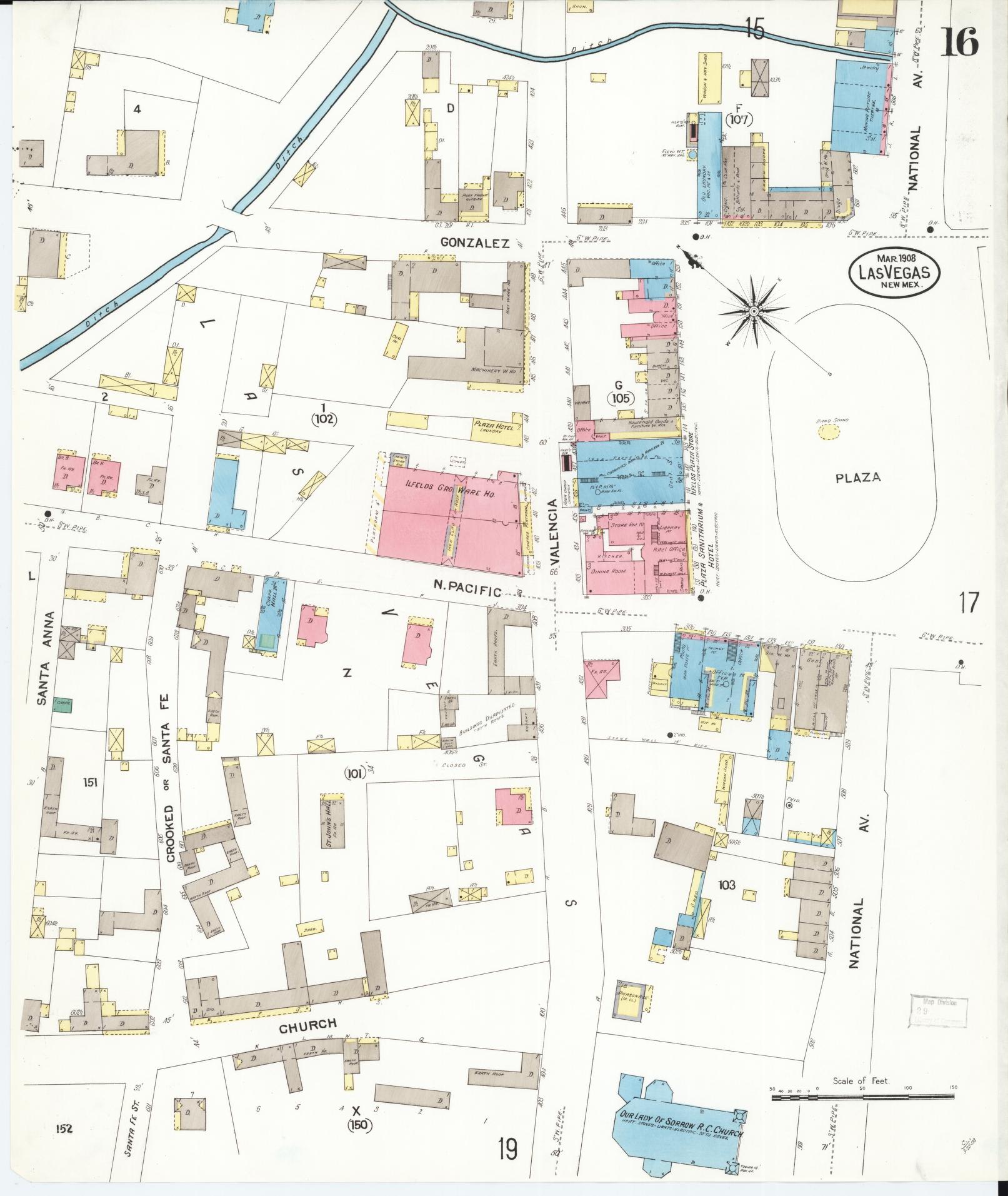 Sanborn Fire Insurance Map from Las Vegas, San Miguel County, New Mexico (1908), Sheet #0016 - Complete Map Set gallery image, historic Sanborn map, vintage wall art, New Mexico New Mexico