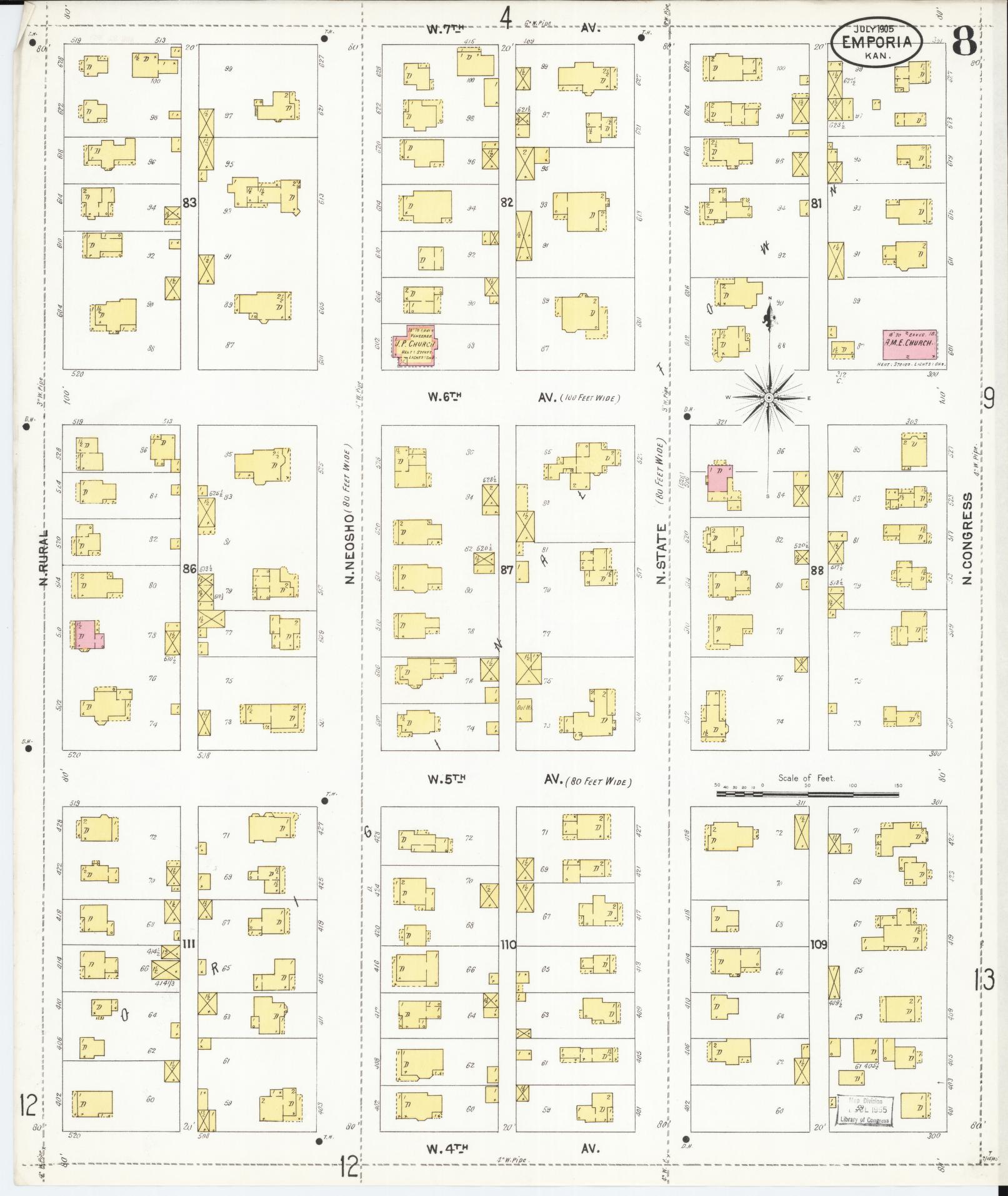 Sanborn Fire Insurance Map from Emporia, Lyon County, Kansas (1905), Sheet #0008 - Historic Sanborn Fire Insurance Map Print, vintage old map wall art, antique decor, genealogy gift, Kansas Kansas map
