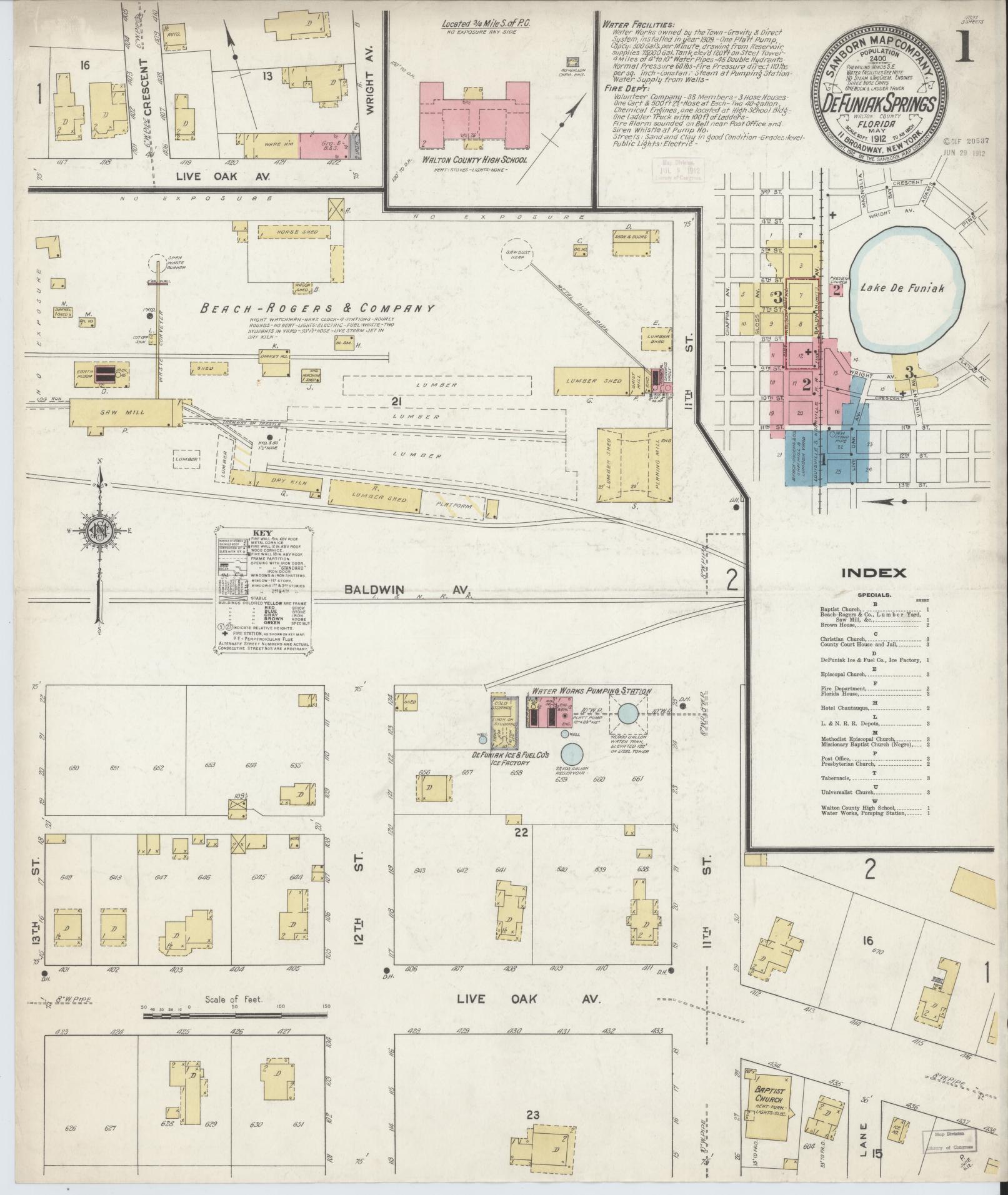 Sanborn Fire Insurance Map from De Funiak Springs, Walton County, Florida (1912), Sheet #0001 - Historic Sanborn Fire Insurance Map Print, vintage old map wall art, antique decor, genealogy gift, Florida Florida map