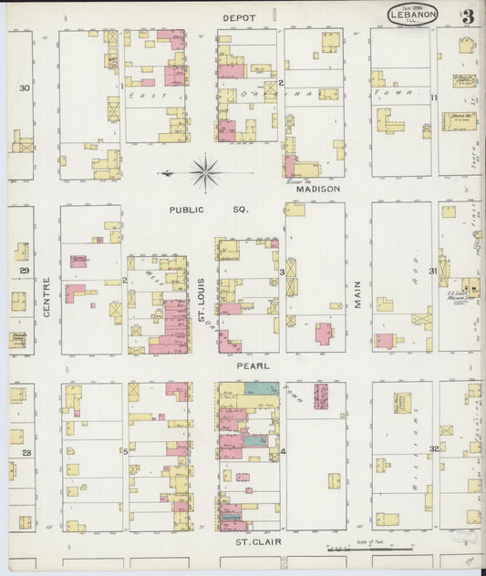 Sanborn Fire Insurance Map from Lebanon, Saint Clair County, Illinois (1894), Sheet #0003 - Historic Sanborn Fire Insurance Map Print, vintage old map wall art, antique decor, genealogy gift, Illinois Illinois map