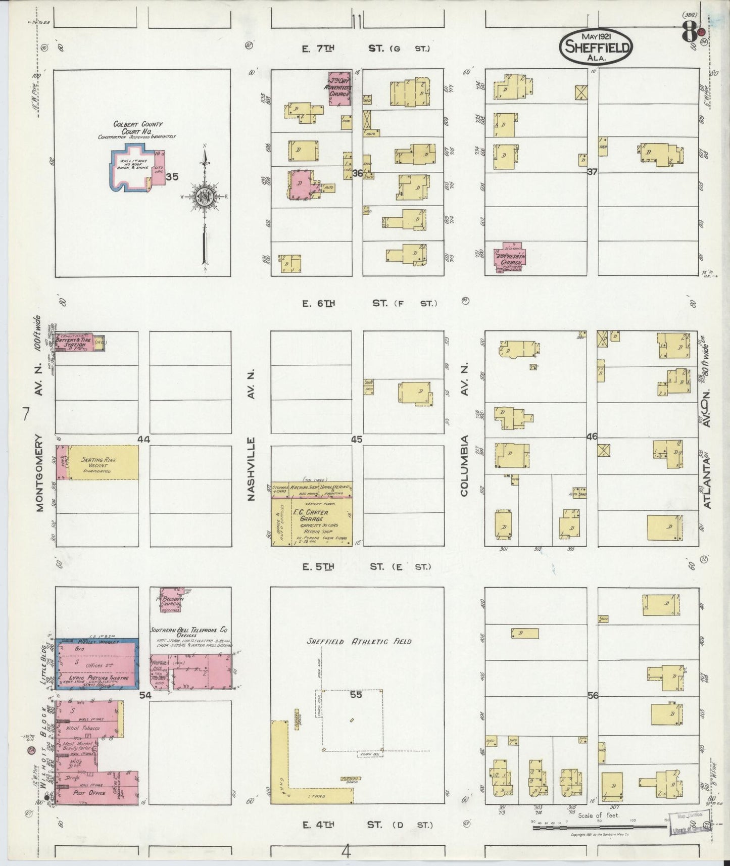 Sanborn Fire Insurance Map from Sheffield, Colbert County, Alabama (1921), Sheet #0008 - Historic Sanborn Fire Insurance Map Print, vintage old map wall art, antique decor, genealogy gift, Alabama Alabama map