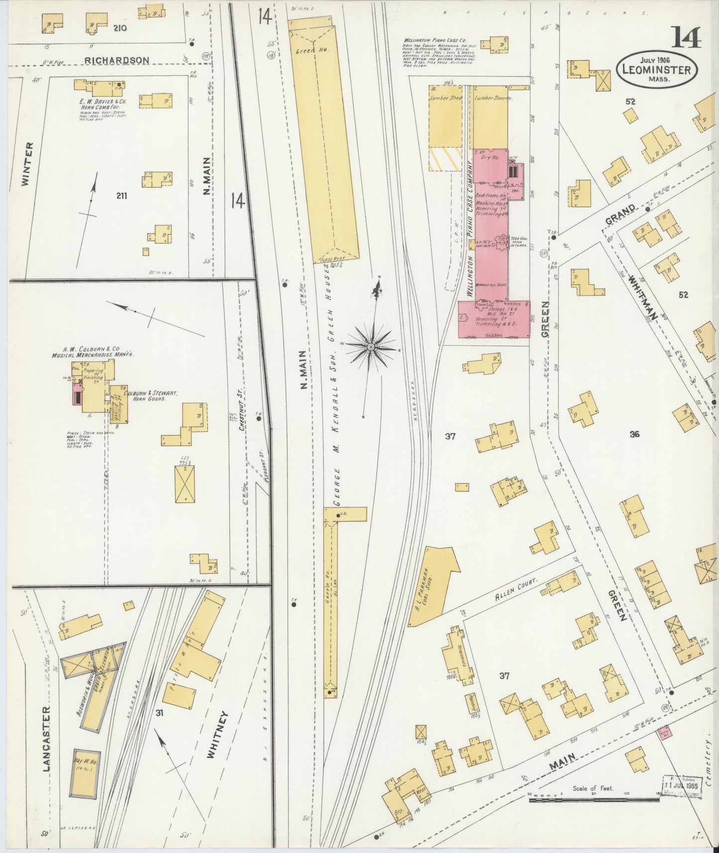 Sanborn Fire Insurance Map from Leominster, Worcester County, Massachusetts (1906), Sheet #0014 - Historic Sanborn Fire Insurance Map Print, vintage old map wall art, antique decor, genealogy gift, Massachusetts Massachusetts map