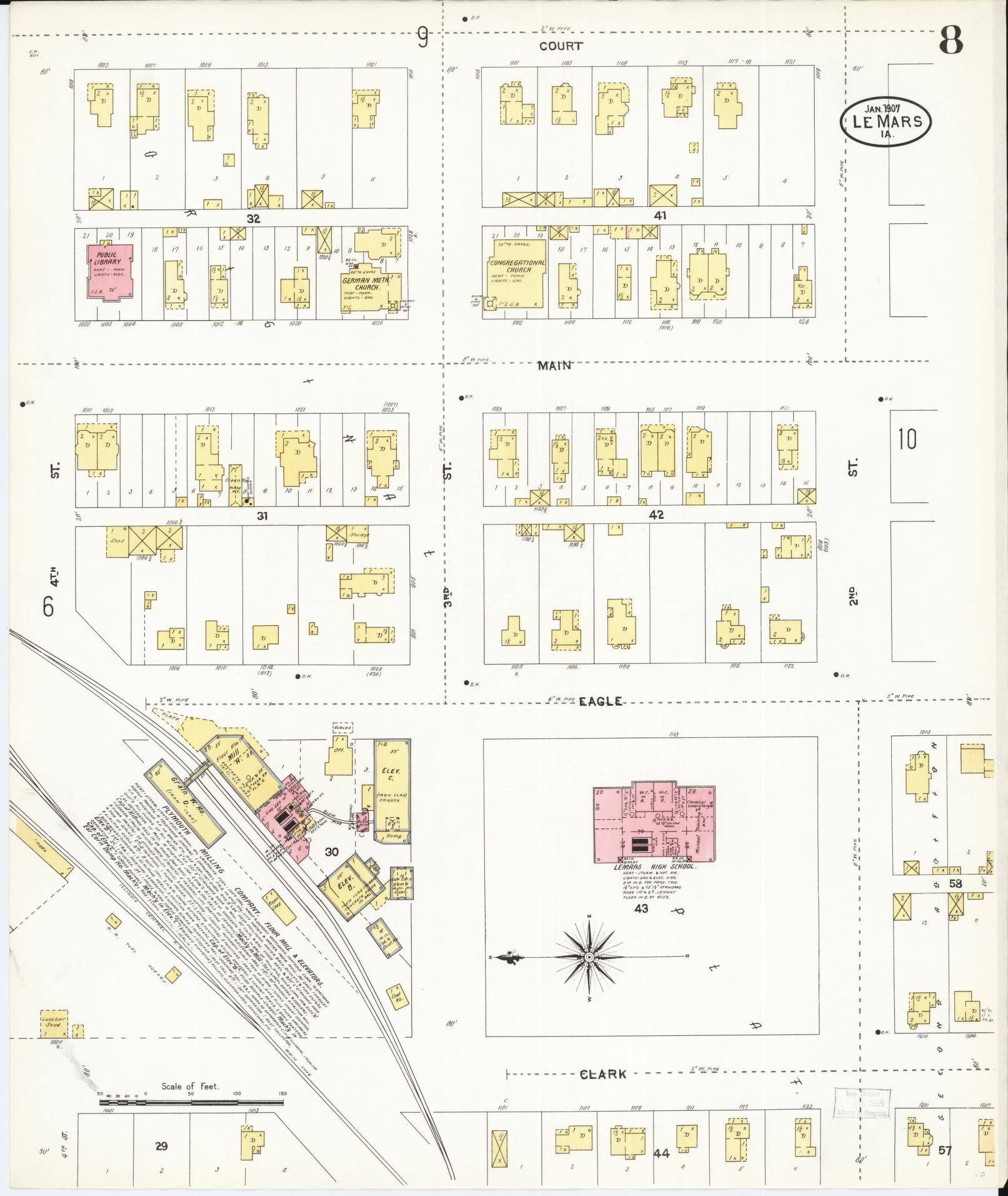 Sanborn Fire Insurance Map from Le Mars, Plymouth County, Iowa (1907), Sheet #0008 - Historic Sanborn Fire Insurance Map Print, vintage old map wall art