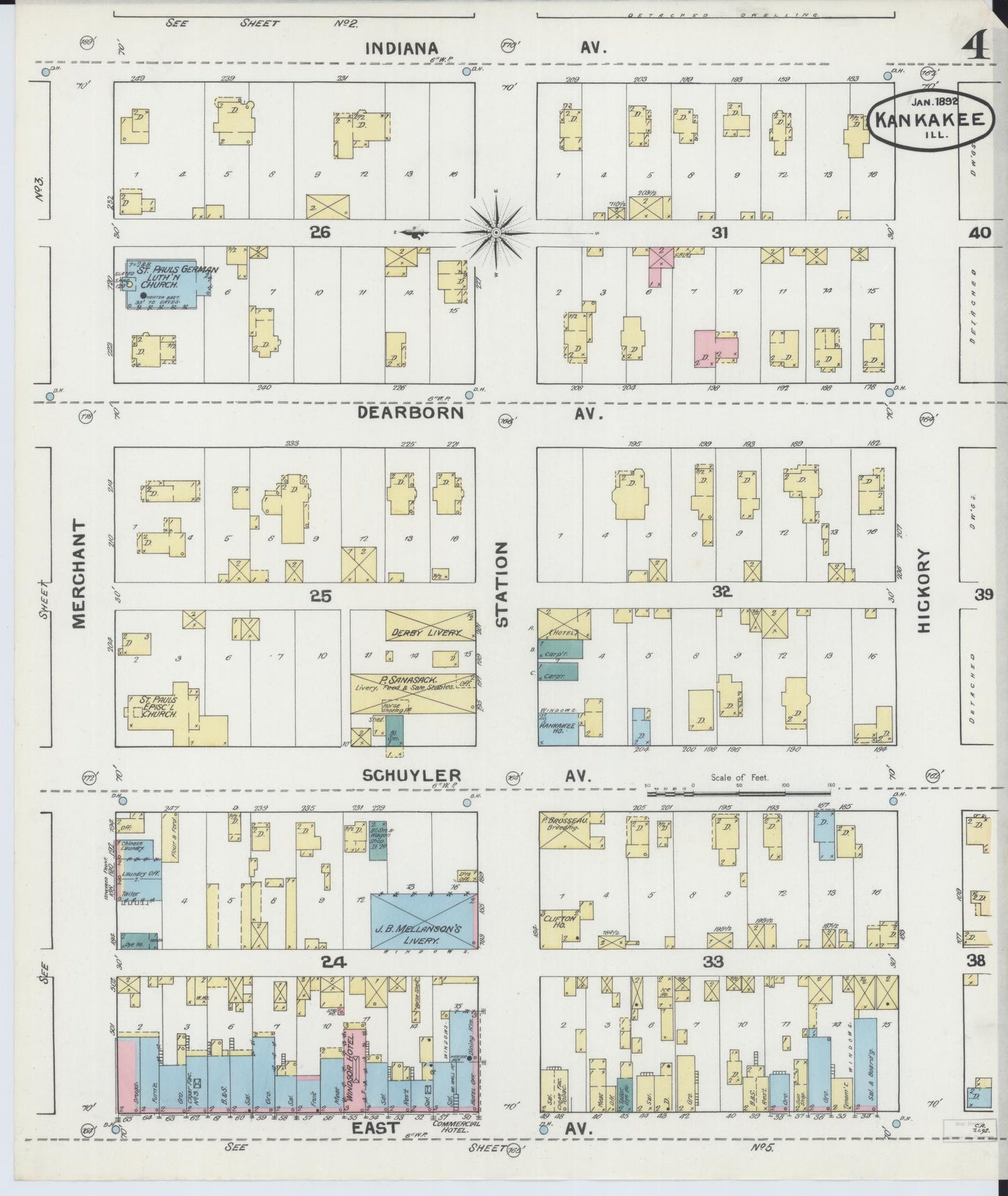 Sanborn Fire Insurance Map from Kankakee, Kankakee County, Illinois (1892), Sheet #0004 - Historic Sanborn Fire Insurance Map Print, vintage old map wall art, antique decor, genealogy gift, Illinois Illinois map
