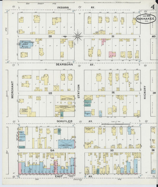 Sanborn Fire Insurance Map from Kankakee, Kankakee County, Illinois (1892), Sheet #0004 - Historic Sanborn Fire Insurance Map Print, vintage old map wall art, antique decor, genealogy gift, Illinois Illinois map