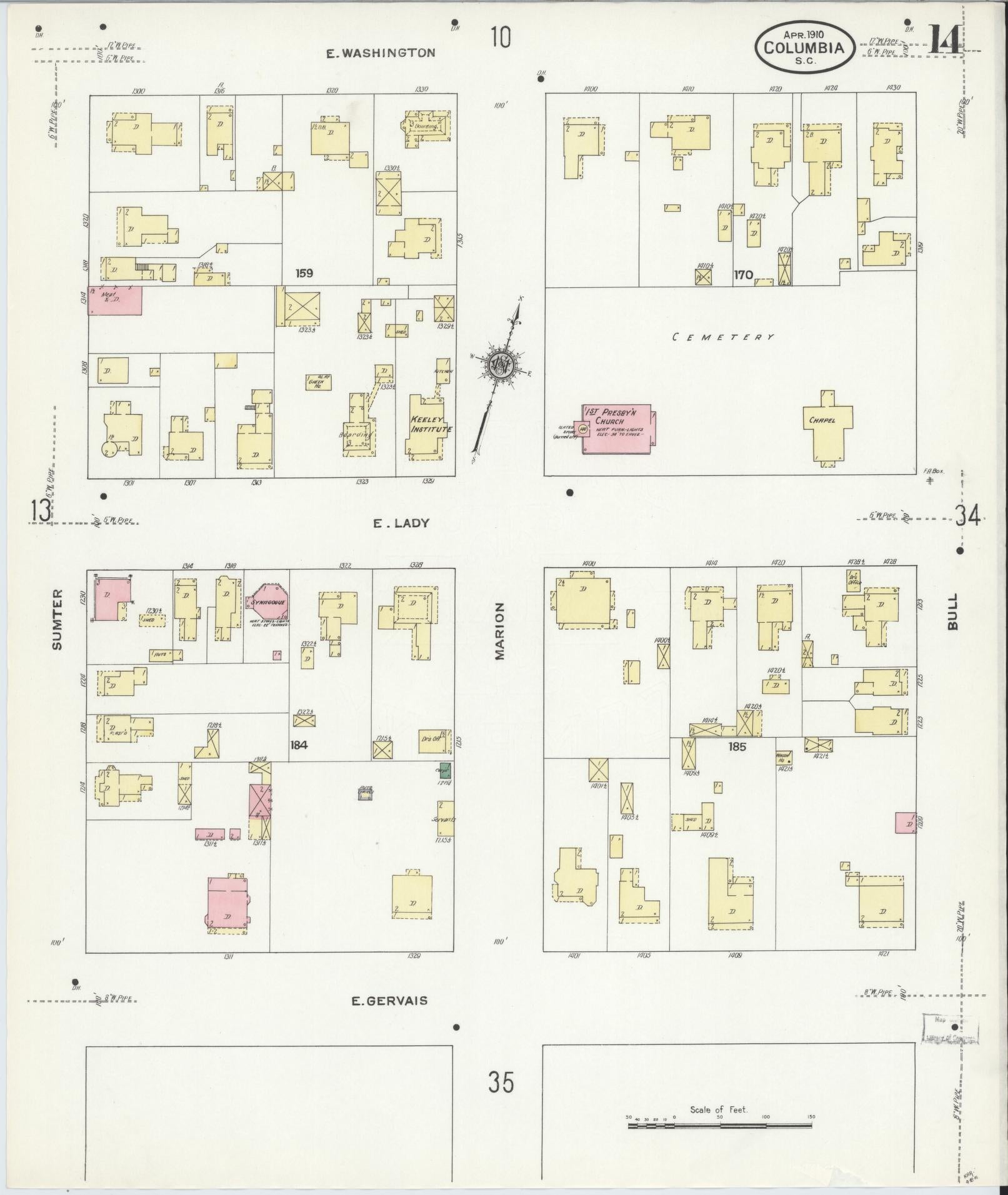 Sanborn Fire Insurance Map from Columbia, Richland County, South Carolina (1910), Sheet #0014 - Historic Sanborn Fire Insurance Map Print, vintage old map wall art, antique decor, genealogy gift, South Carolina South Carolina map