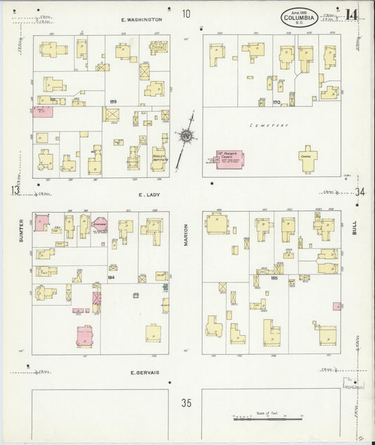 Sanborn Fire Insurance Map from Columbia, Richland County, South Carolina (1910), Sheet #0014 - Historic Sanborn Fire Insurance Map Print, vintage old map wall art, antique decor, genealogy gift, South Carolina South Carolina map