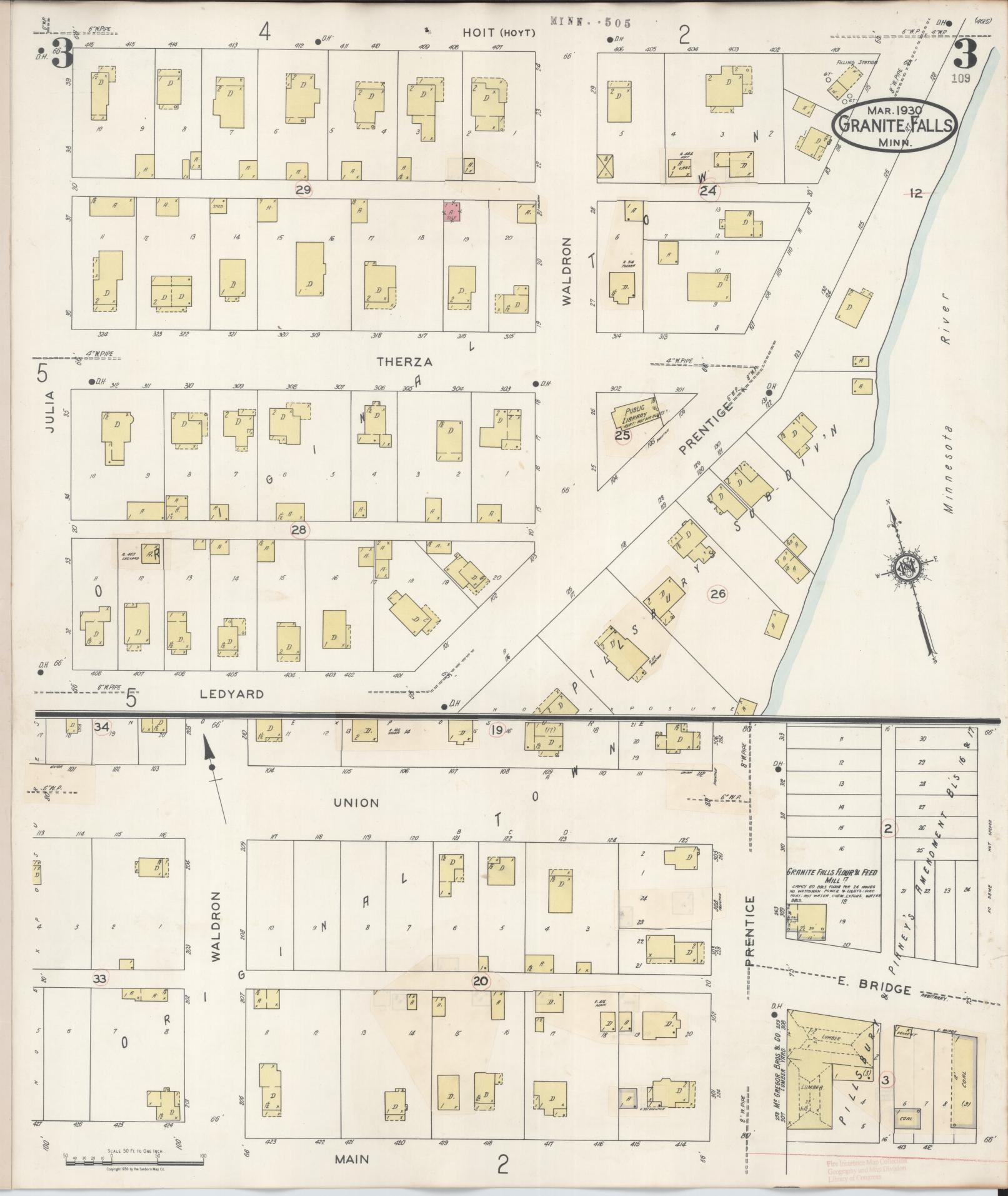 Sanborn Fire Insurance Map from Granite Falls, Yellow Medicine And Chippewa Counties, Minnesota (1941), Sheet #0003 - Historic Sanborn Fire Insurance Map Print, vintage old map wall art, antique decor, genealogy gift, Minnesota Minnesota map