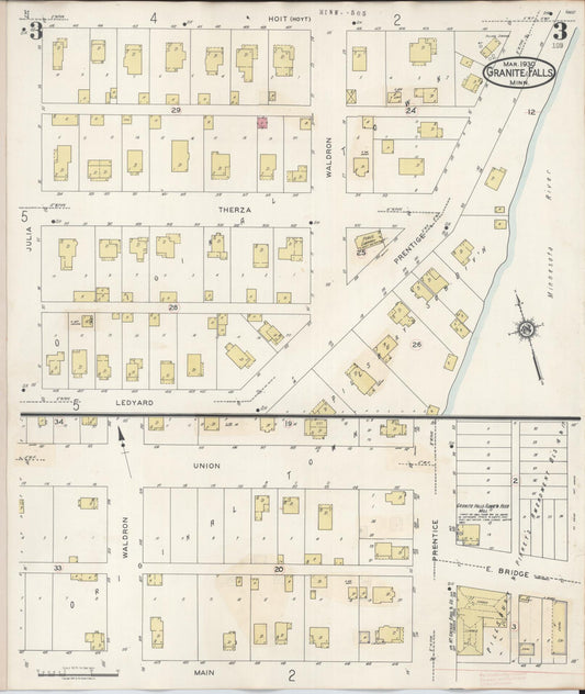 Sanborn Fire Insurance Map from Granite Falls, Yellow Medicine And Chippewa Counties, Minnesota (1941), Sheet #0003 - Historic Sanborn Fire Insurance Map Print, vintage old map wall art, antique decor, genealogy gift, Minnesota Minnesota map