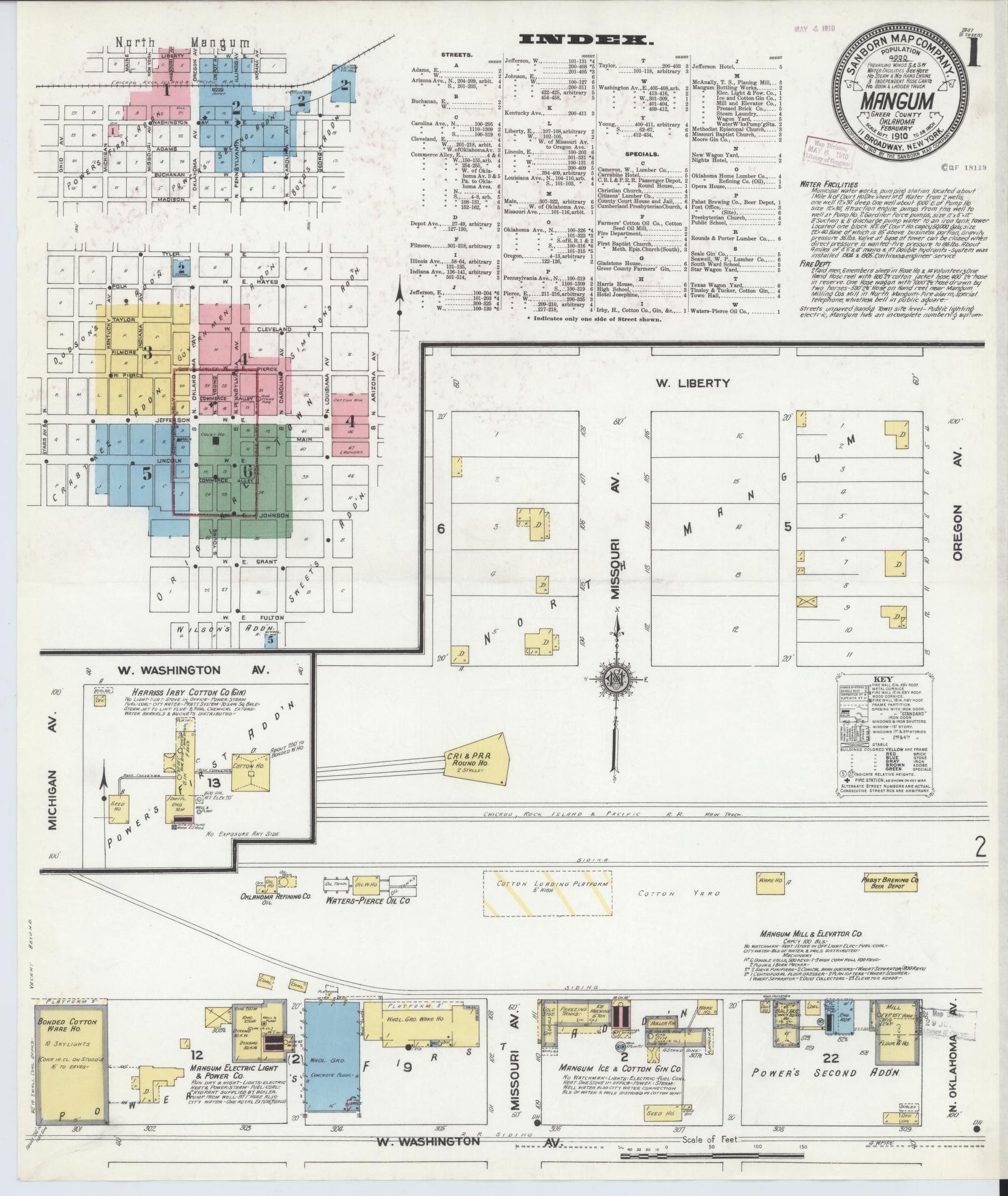 Sanborn Fire Insurance Map from Mangum, Greer County, Oklahoma (1910), Sheet #0001 - Historic Sanborn Fire Insurance Map Print, vintage old map wall art, antique decor, genealogy gift, Oklahoma Oklahoma map