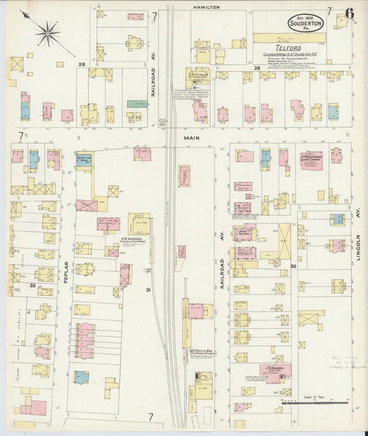 Sanborn Fire Insurance Map from Souderton, Montgomery County, Pennsylvania (1908), Sheet #0006 - Historic Sanborn Fire Insurance Map Print, vintage old map wall art, antique decor, genealogy gift, Pennsylvania Pennsylvania map