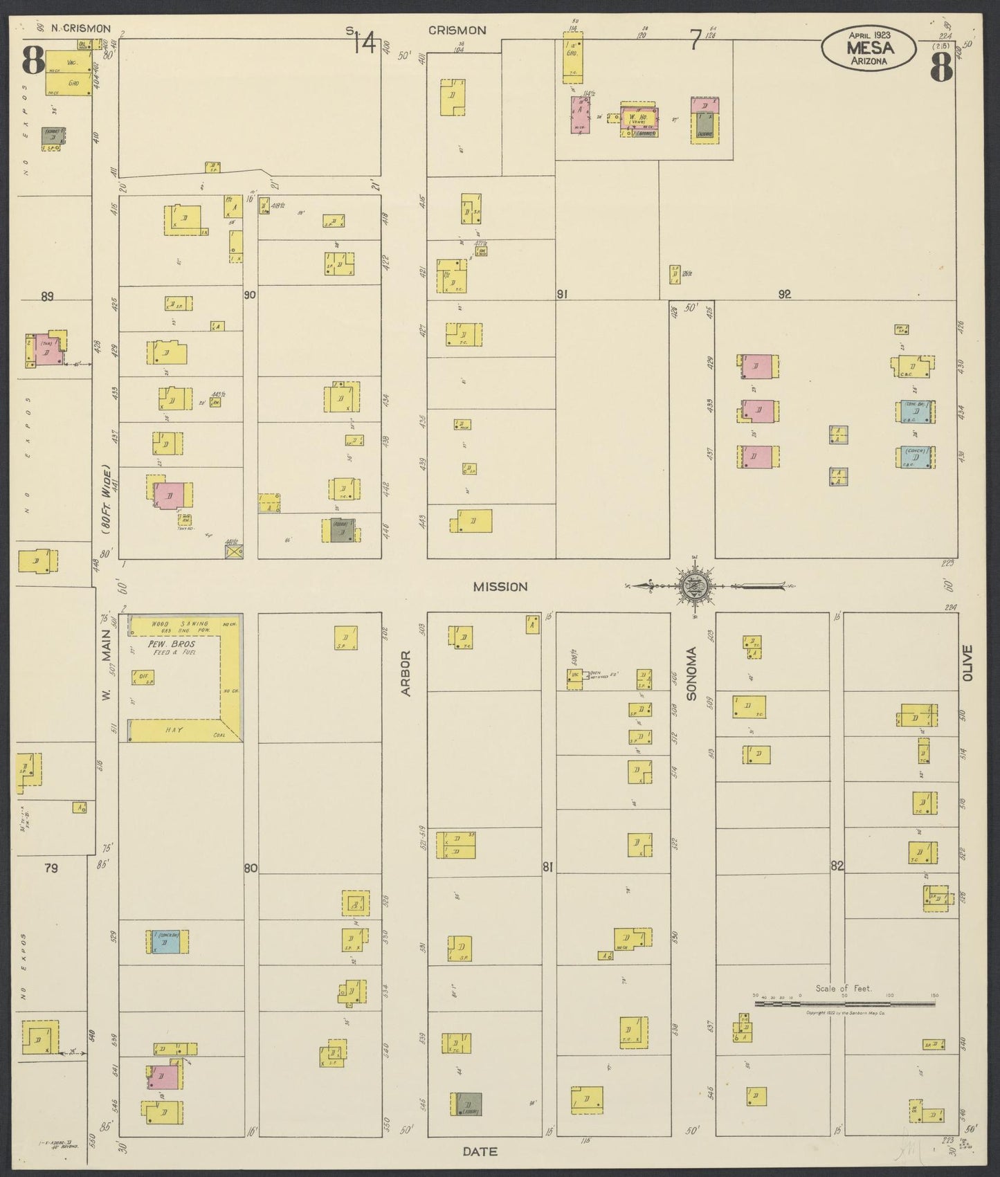 Sanborn Fire Insurance Map from Mesa, Maricopa County, Arizona (1923), Sheet #0008 - Complete Map Set gallery image, historic Sanborn map, vintage wall art, Arizona Arizona