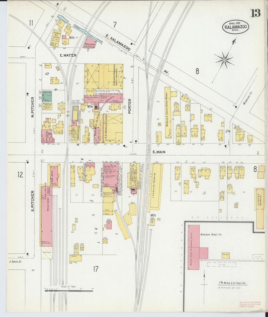 Sanborn Fire Insurance Map from Kalamazoo, Kalamazoo County, Michigan (1902), Sheet #0013 - Historic Sanborn Fire Insurance Map Print, vintage old map wall art, antique decor, genealogy gift, Michigan Michigan map