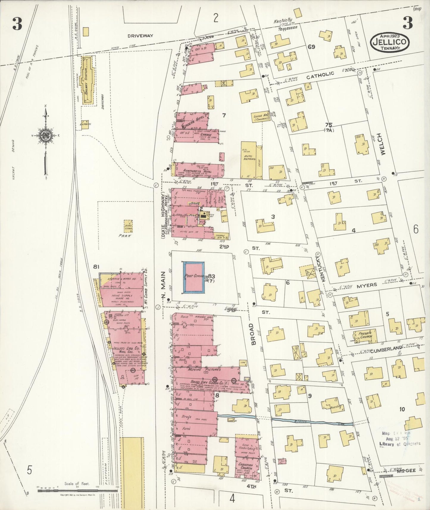Sanborn Fire Insurance Map from Jellico, Whitley County, Ky., and Campbell County, Tenna, Kentucky (1923), Sheet #0003 - Complete Map Set gallery image, historic Sanborn map, vintage wall art, Kentucky Kentucky