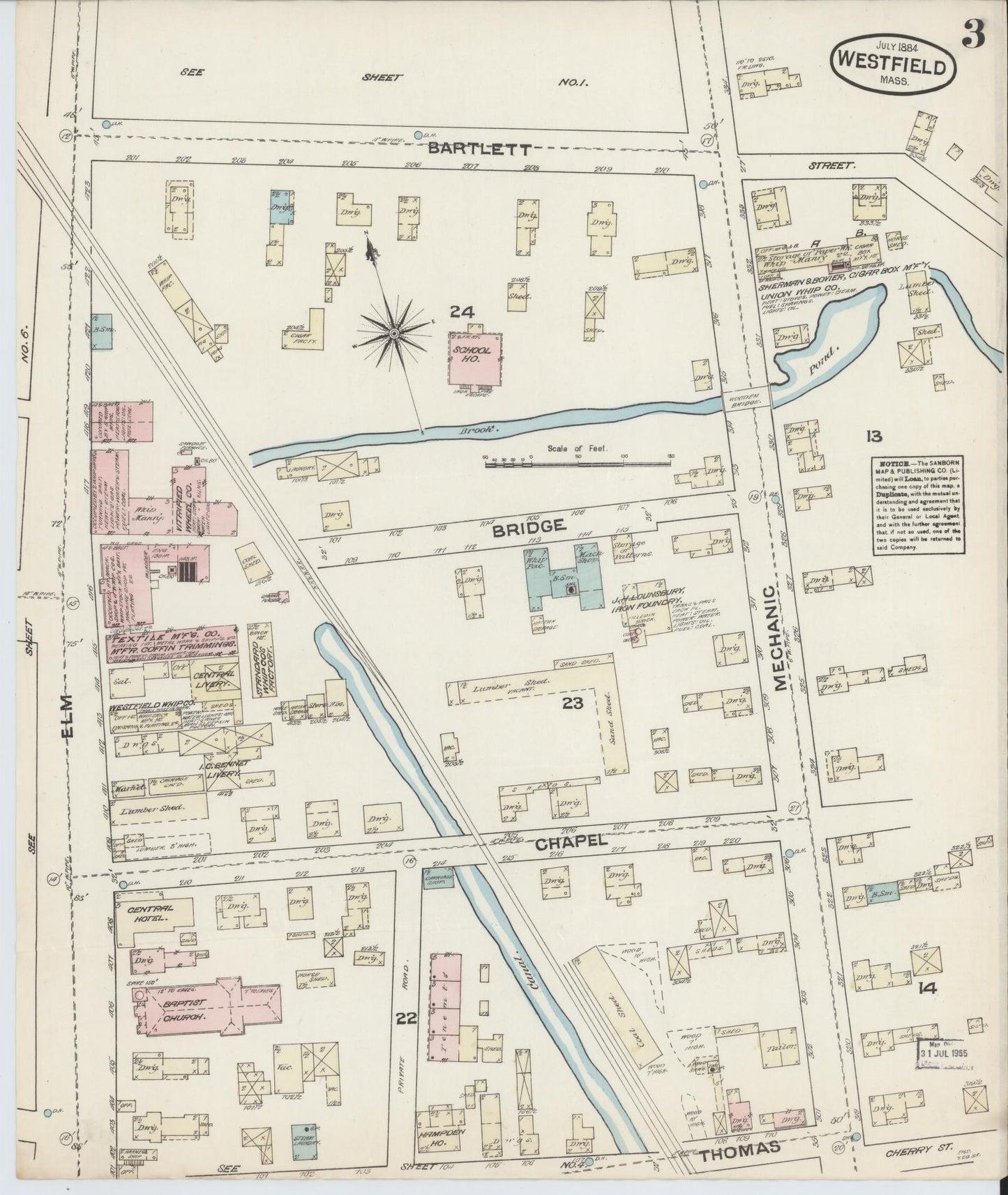 Sanborn Fire Insurance Map from Westfield, Hampden County, Massachusetts (1884), Sheet #0003 - Historic Sanborn Fire Insurance Map Print, vintage old map wall art, antique decor, genealogy gift, Massachusetts Massachusetts map