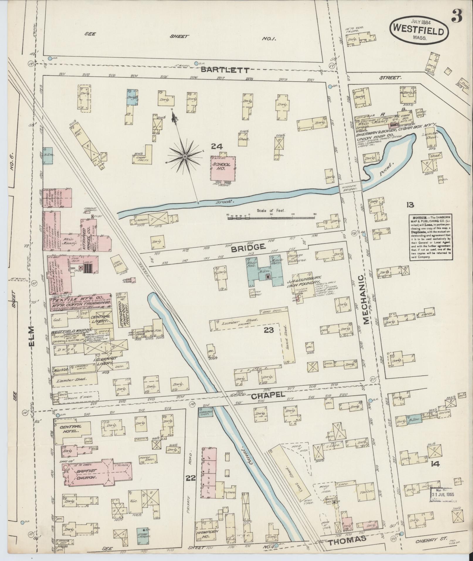 Sanborn Fire Insurance Map from Westfield, Hampden County, Massachusetts (1884), Sheet #0003 - Historic Sanborn Fire Insurance Map Print, vintage old map wall art, antique decor, genealogy gift, Massachusetts Massachusetts map