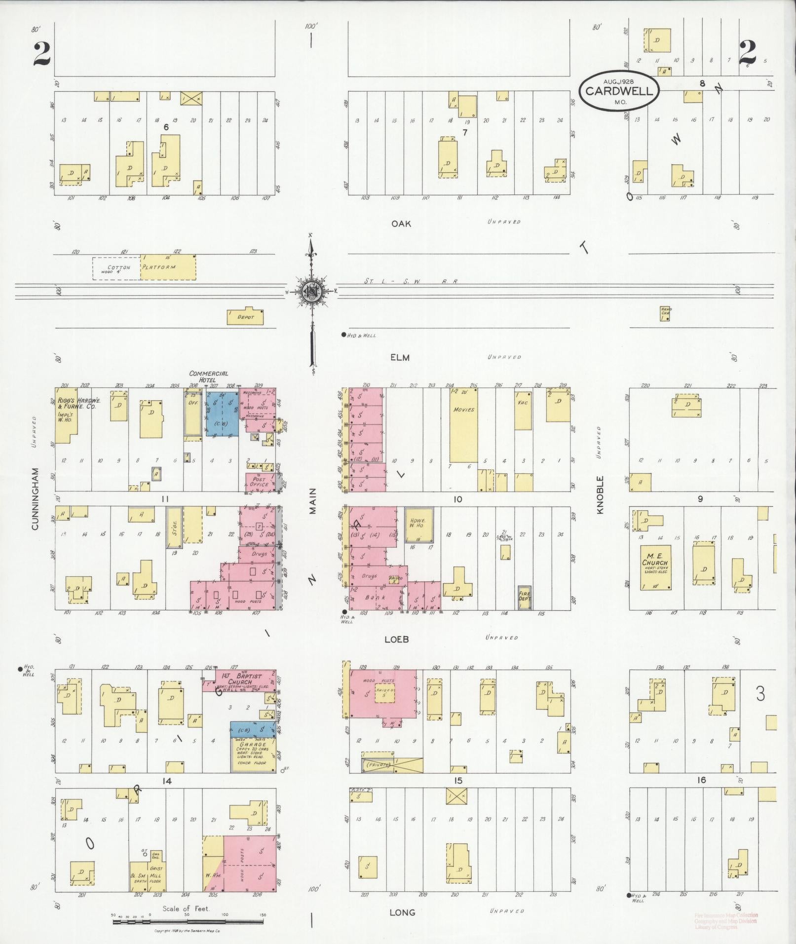 Sanborn Fire Insurance Map from Cardwell, Dunklin County, Missouri (1928), Sheet #0002 - Historic Sanborn Fire Insurance Map Print, vintage old map wall art, antique decor, genealogy gift, Missouri Missouri map