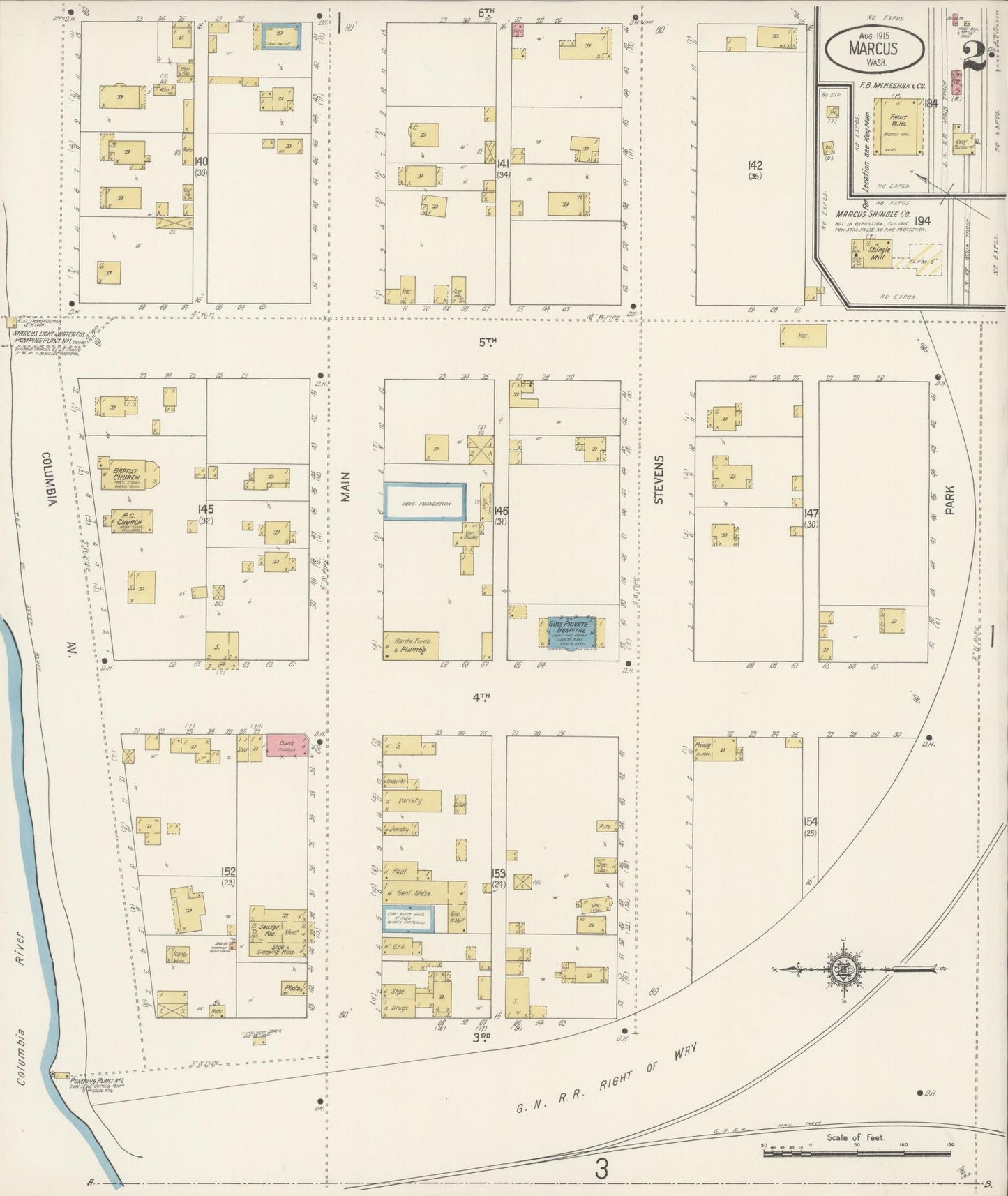 Sanborn Fire Insurance Map from Marcus, Stevens County, Washington (1915), Sheet #0002 - Complete Map Set gallery image, historic Sanborn map, vintage wall art, Washington Washington