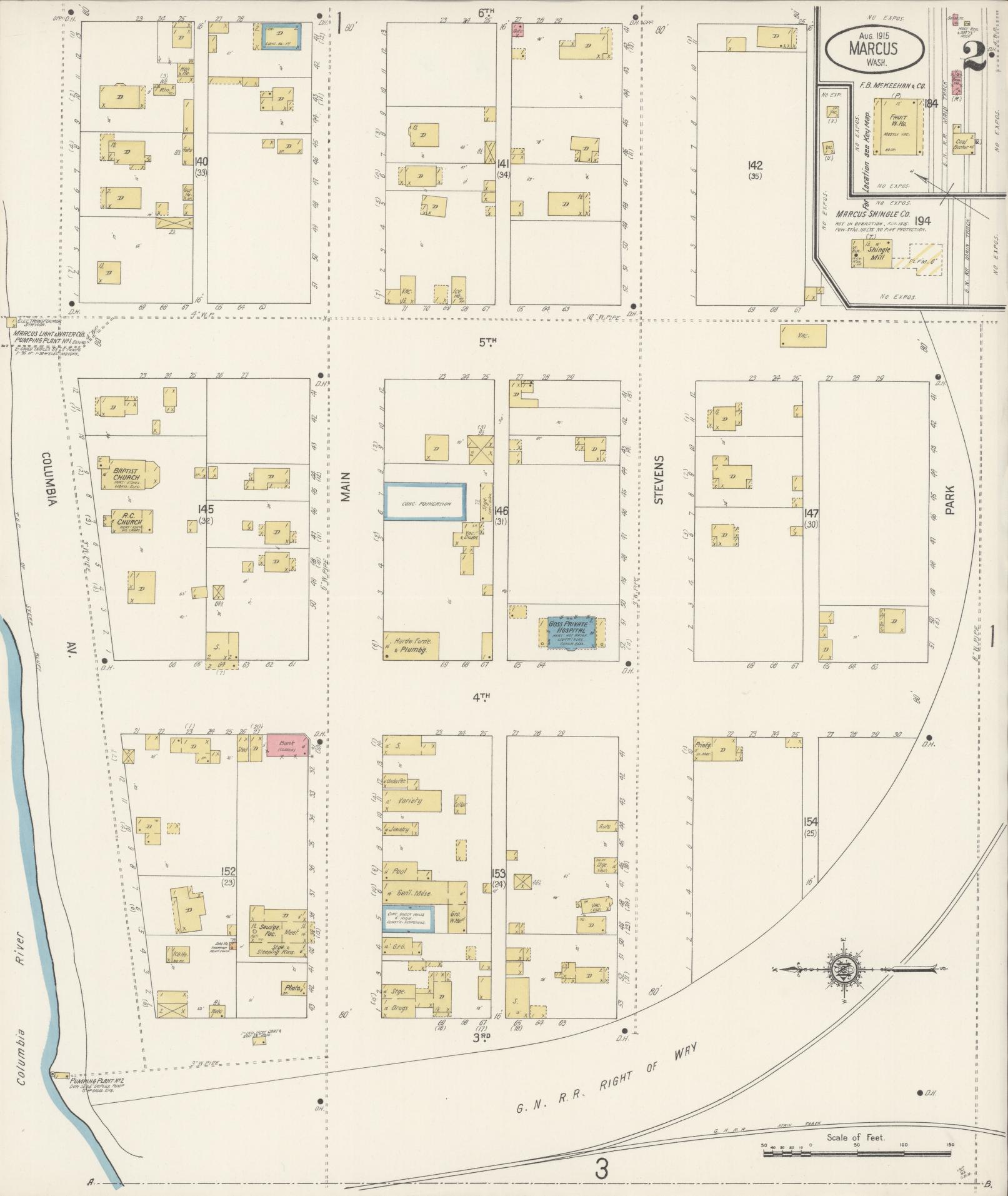 Sanborn Fire Insurance Map from Marcus, Stevens County, Washington (1915), Sheet #0002 - Complete Map Set gallery image, historic Sanborn map, vintage wall art, Washington Washington