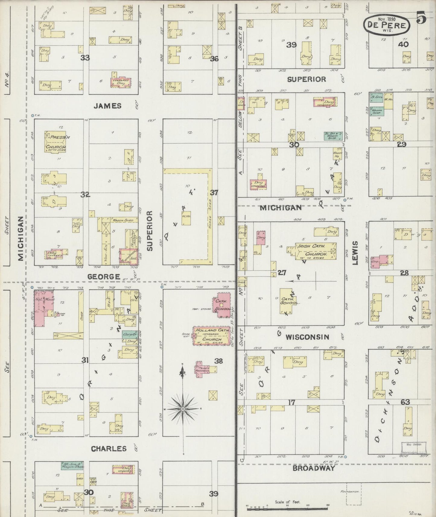 Sanborn Fire Insurance Map from De Pere, Brown County, Wisconsin (1890), Sheet #0005 - Historic Sanborn Fire Insurance Map Print, vintage old map wall art, antique decor, genealogy gift, Wisconsin Wisconsin map