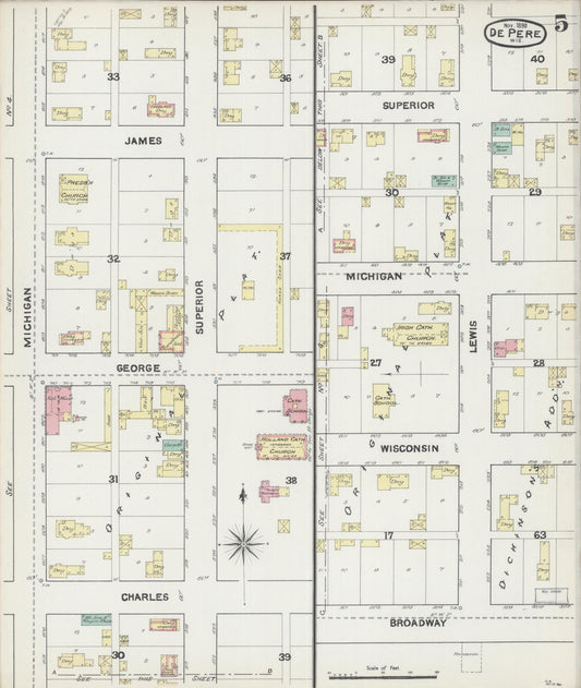Sanborn Fire Insurance Map from De Pere, Brown County, Wisconsin (1890), Sheet #0005 - Historic Sanborn Fire Insurance Map Print, vintage old map wall art, antique decor, genealogy gift, Wisconsin Wisconsin map