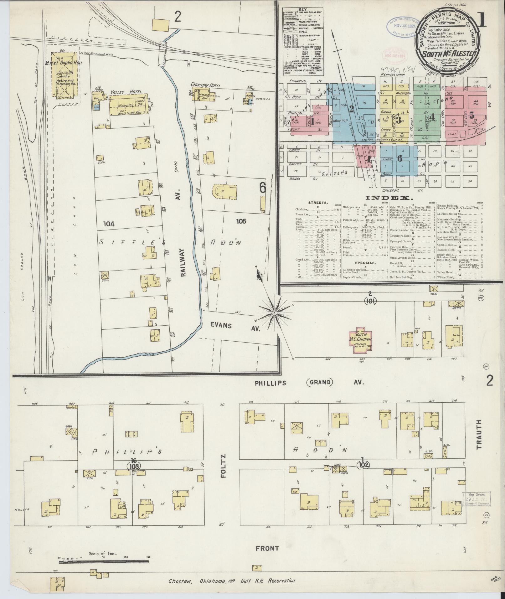Sanborn Fire Insurance Map from South McAlester, Pittsburg County, Oklahoma (1897), Sheet #0001 - Historic Sanborn Fire Insurance Map Print, vintage old map wall art, antique decor, genealogy gift, Oklahoma Oklahoma map