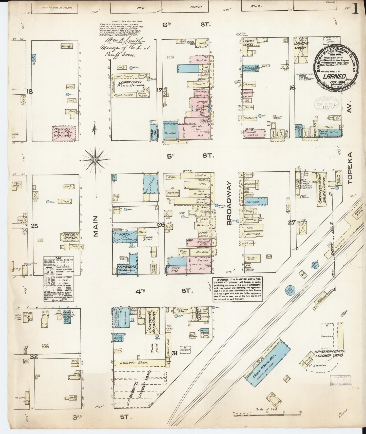 Sanborn Fire Insurance Map from Larned, Pawnee County, Kansas (1884), Sheet #0001 - Historic Sanborn Fire Insurance Map Print, vintage old map wall art, antique decor, genealogy gift, Kansas Kansas map