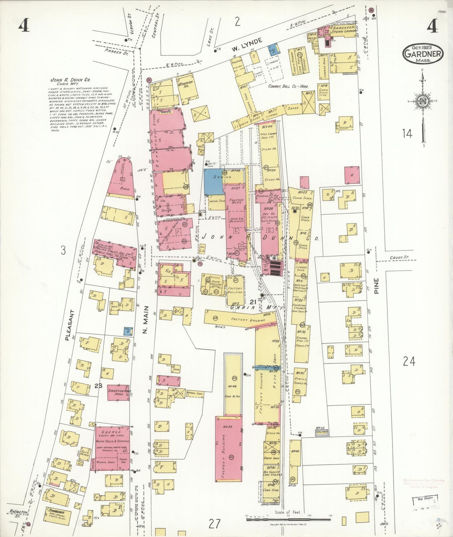 Sanborn Fire Insurance Map from Gardner, Worcester County, Massachusetts (1923), Sheet #0004 - Historic Sanborn Fire Insurance Map Print, vintage old map wall art, antique decor, genealogy gift, Massachusetts Massachusetts map