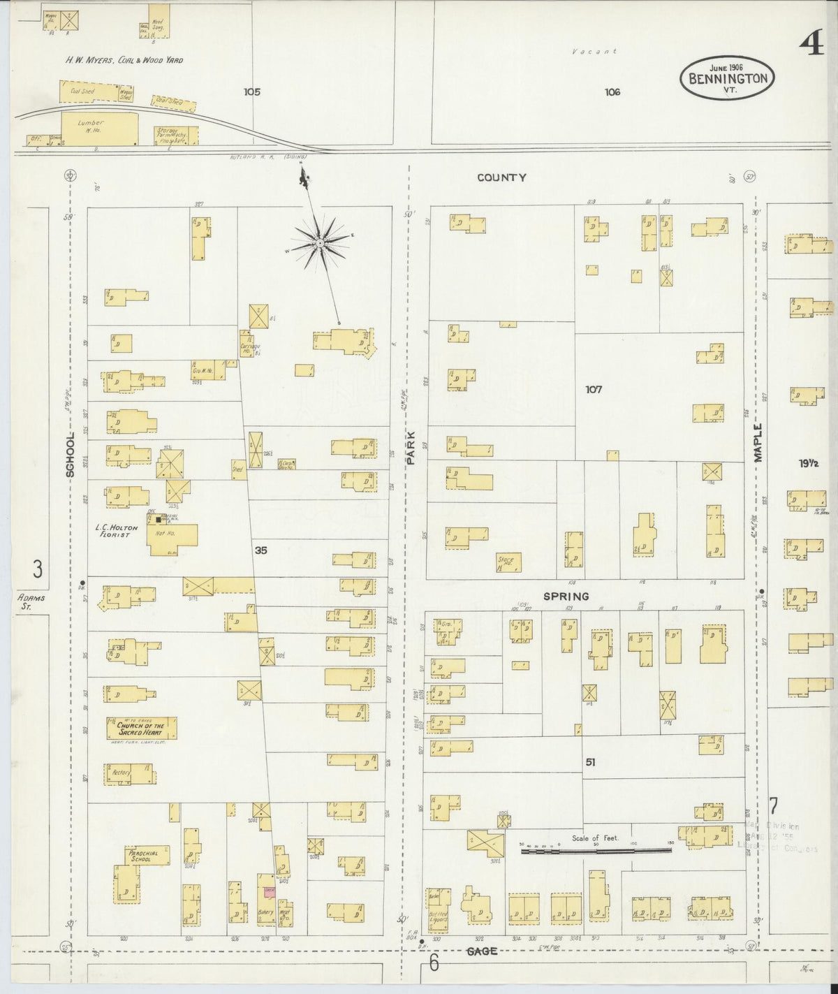 Sanborn Fire Insurance Map from Bennington, Bennington County, Vermont (1906), Sheet #0004 - Complete Map Set gallery image, historic Sanborn map, vintage wall art, Vermont Vermont