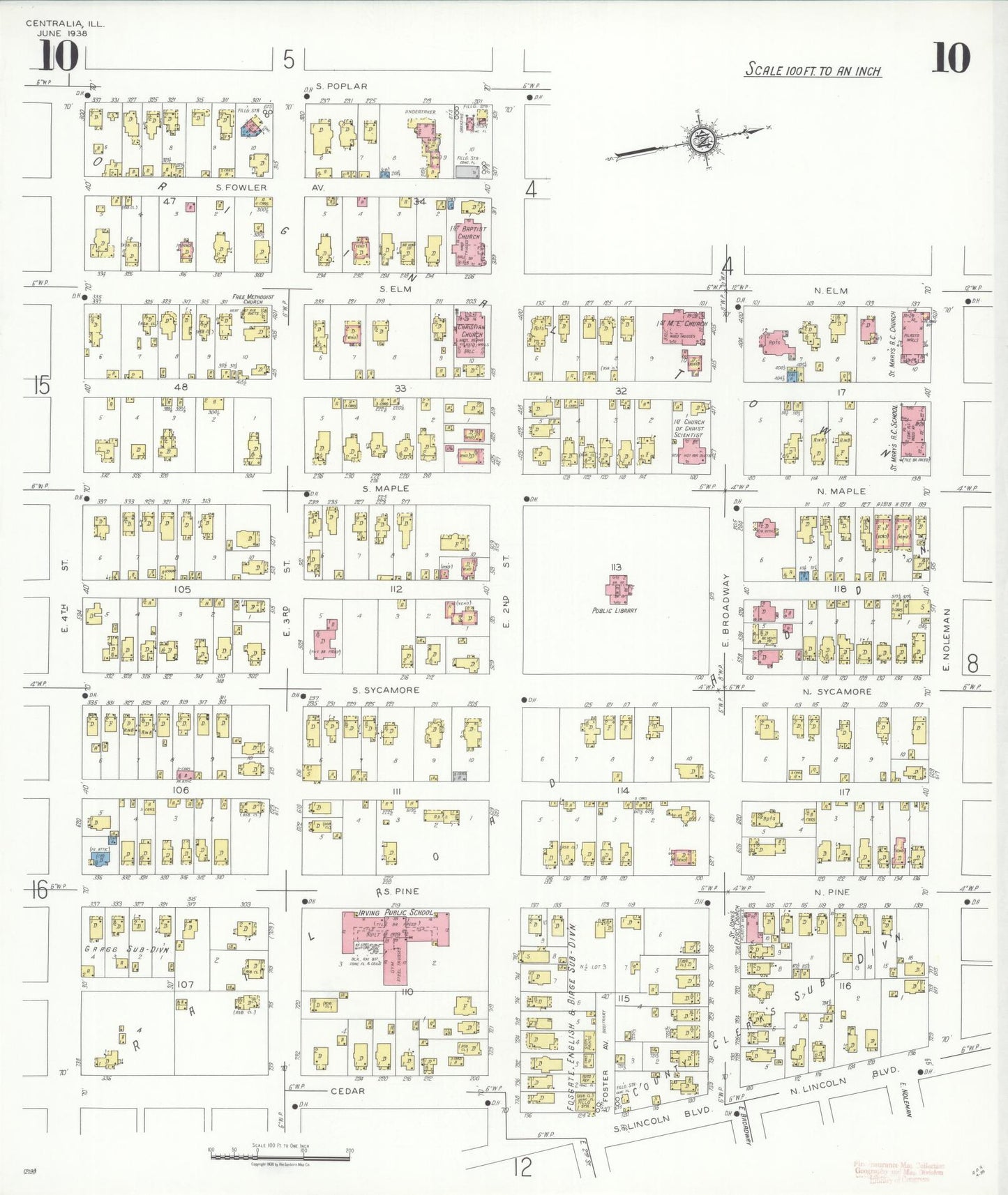 Sanborn Fire Insurance Map from Centralia, Marion, Clinton, Jefferson, and Washington Counties, Illinois (1938), Sheet #0010 - Historic Sanborn Fire Insurance Map Print, vintage old map wall art, antique decor, genealogy gift, Illinois Illinois map