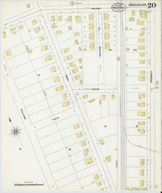 Sanborn Fire Insurance Map from Westerly, Washington County, Rhode Island (1907), Sheet #0020 - Historic Sanborn Fire Insurance Map Print, vintage old map wall art, antique decor, genealogy gift, Rhode Island Rhode Island map
