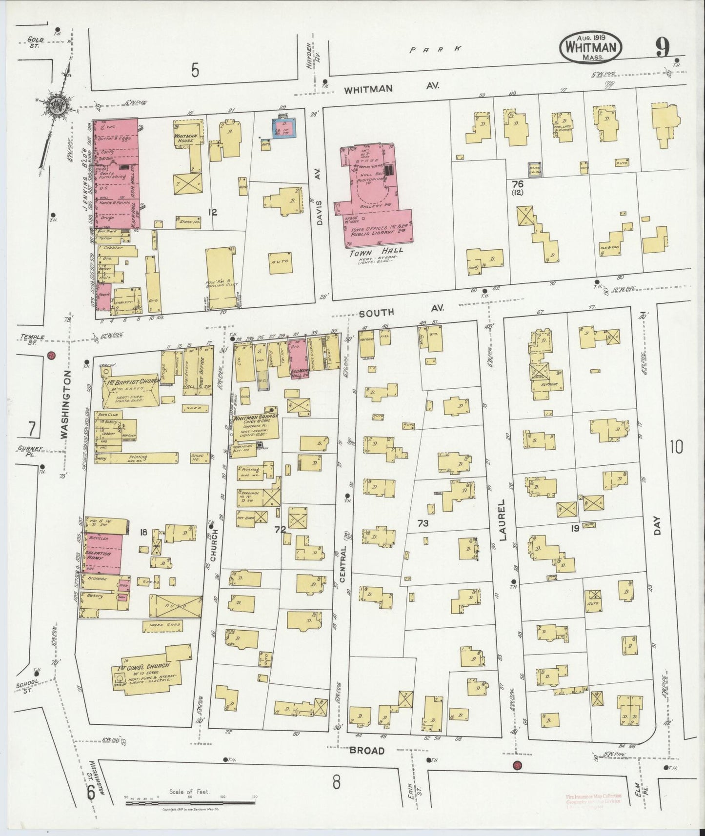 Sanborn Fire Insurance Map from Whitman, Plymouth County, Massachusetts (1919), Sheet #0009 - Complete Map Set gallery image, historic Sanborn map, vintage wall art, Massachusetts Massachusetts
