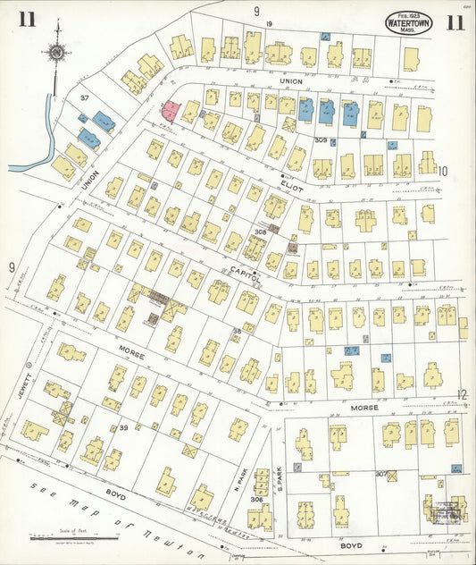 Sanborn Fire Insurance Map from Watertown, Middlesex County, Massachusetts (1923), Sheet #0011 - Historic Sanborn Fire Insurance Map Print, vintage old map wall art, antique decor, genealogy gift, Massachusetts Massachusetts map