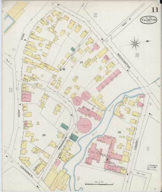 Sanborn Fire Insurance Map from Taunton, Bristol County, Massachusetts (1893), Sheet #0011 - Historic Sanborn Fire Insurance Map Print, vintage old map wall art, antique decor, genealogy gift, Massachusetts Massachusetts map