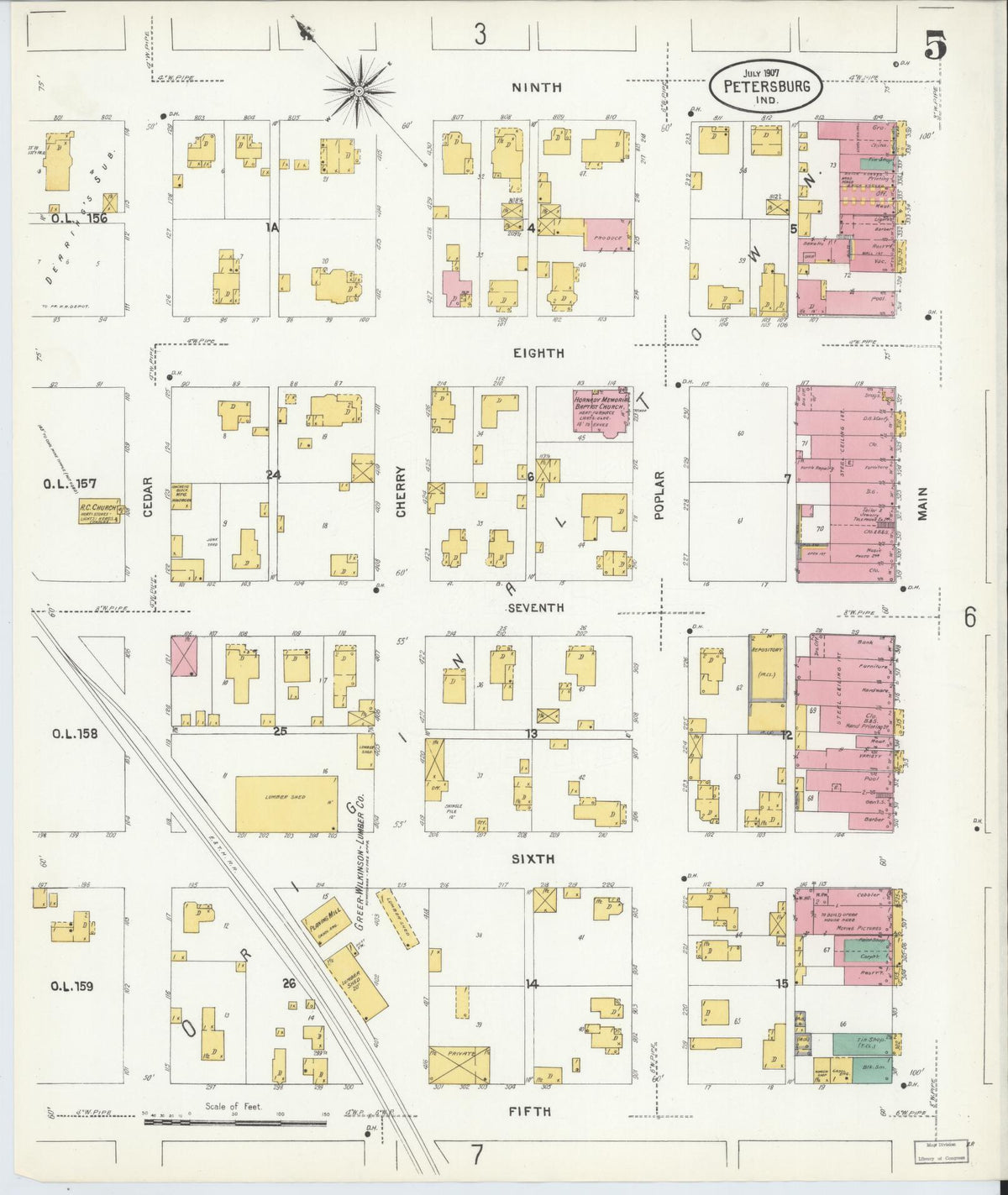 Sanborn Fire Insurance Map from Petersburg, Pike County, Indiana (1907), Sheet #0005 - Historic Sanborn Fire Insurance Map Print, vintage old map wall art, antique decor, genealogy gift, Indiana Indiana map