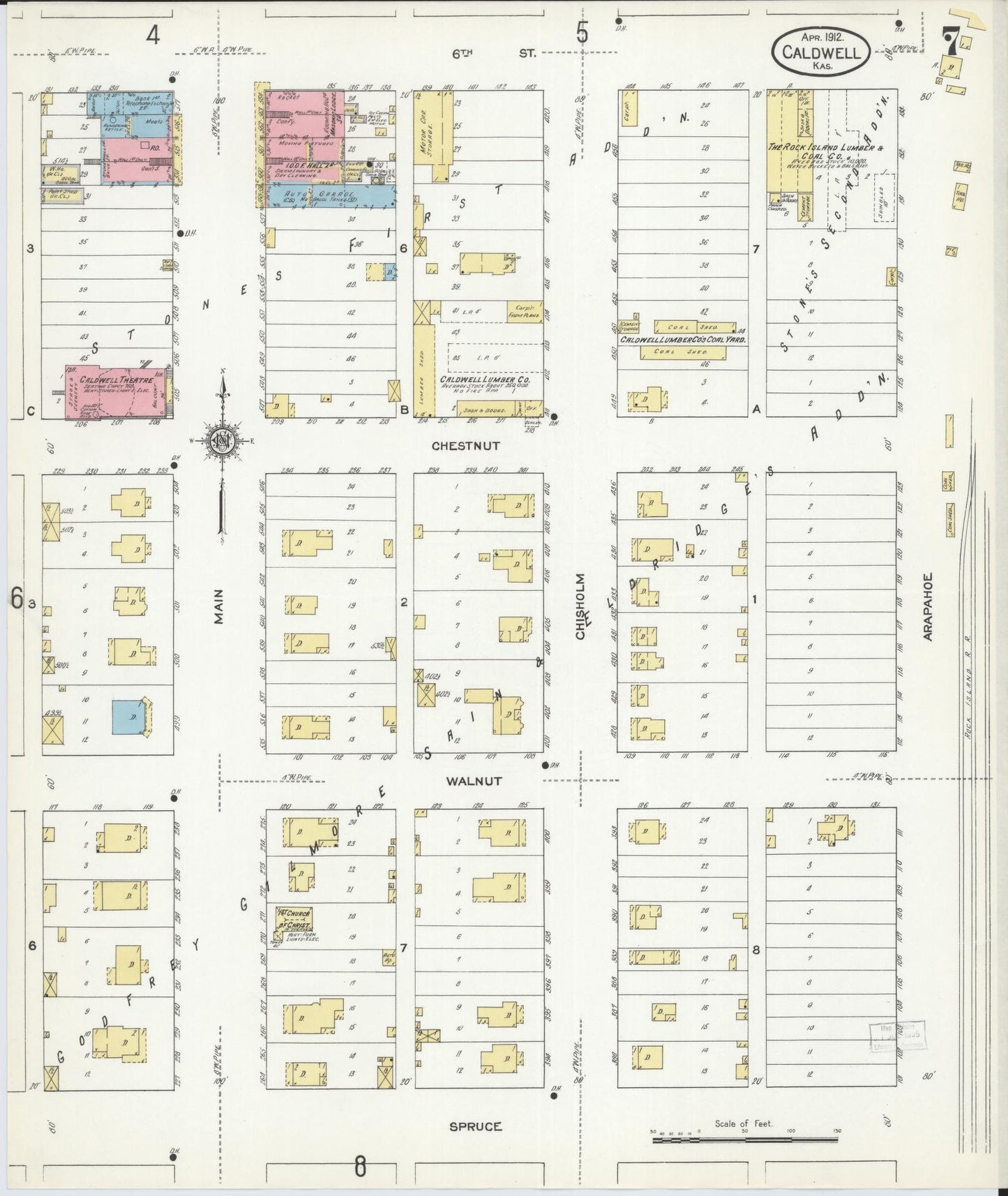 Sanborn Fire Insurance Map from Caldwell, Sumner County, Kansas (1912), Sheet #0007 - Complete Map Set gallery image, historic Sanborn map, vintage wall art, Kansas Kansas