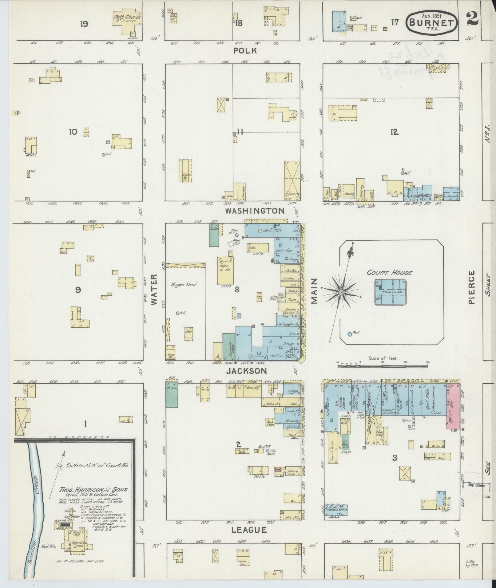 Sanborn Fire Insurance Map from Burnet, Burnet County, Texas (1891), Sheet #0002 - Historic Sanborn Fire Insurance Map Print, vintage old map wall art, antique decor, genealogy gift, Texas Texas map