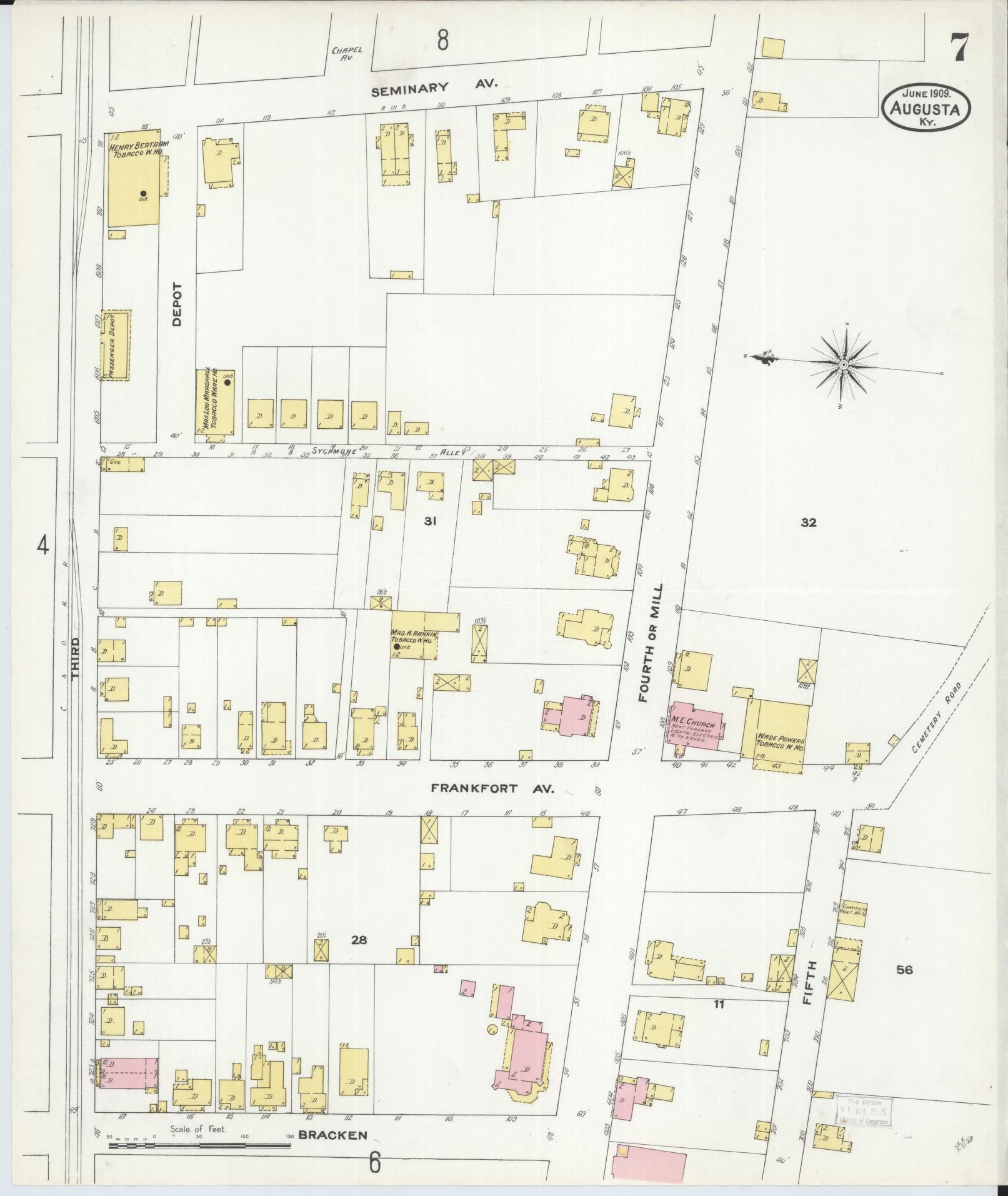 Sanborn Fire Insurance Map from Augusta, Bracken County, Kentucky (1909), Sheet #0007 - Historic Sanborn Fire Insurance Map Print, vintage old map wall art, antique decor, genealogy gift, Kentucky Kentucky map