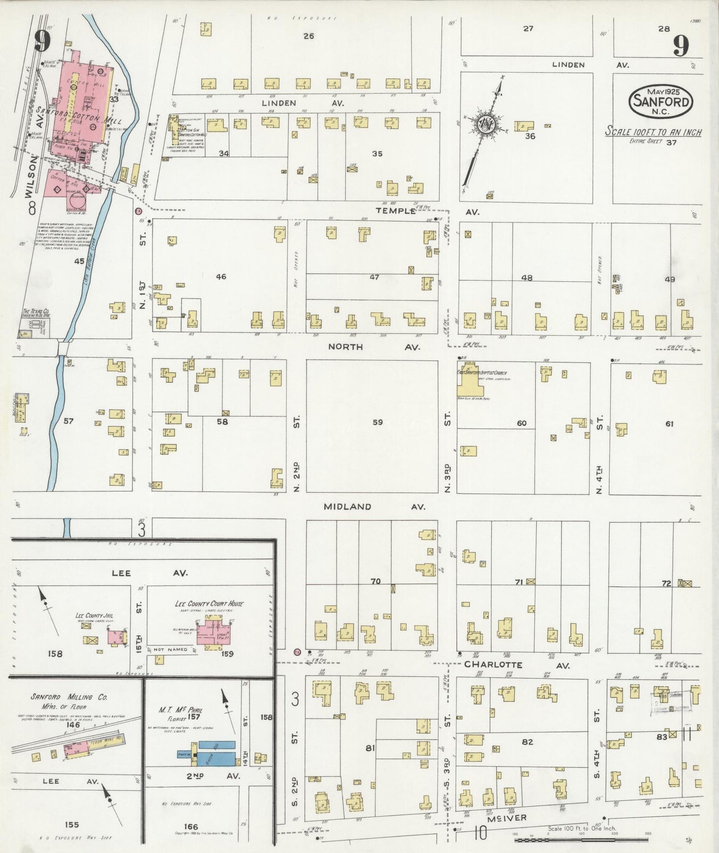 Sanborn Fire Insurance Map from Sanford, Lee County, North Carolina (1925), Sheet #0009 - Complete Map Set gallery image, historic Sanborn map, vintage wall art, North Carolina North Carolina