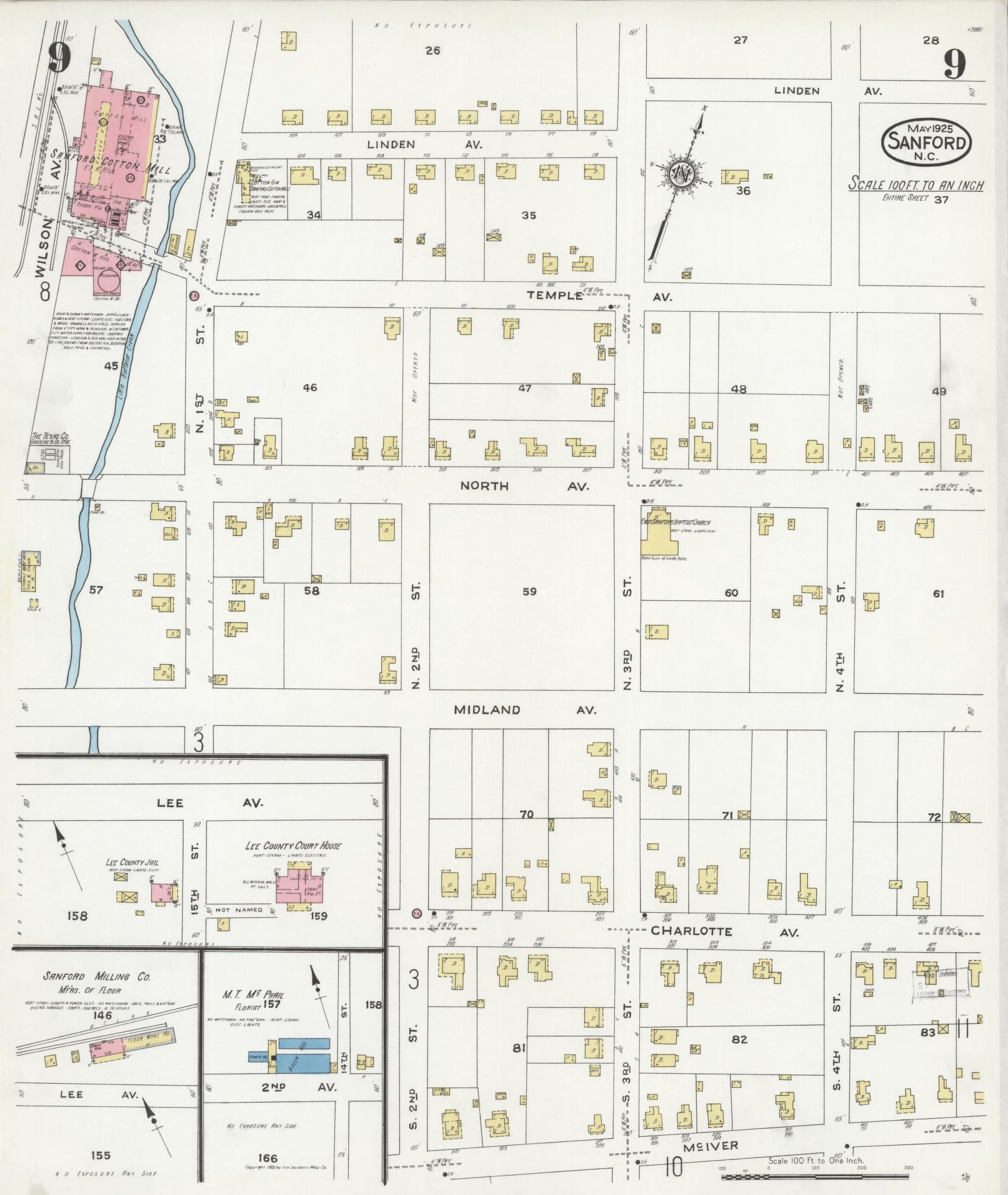Sanborn Fire Insurance Map from Sanford, Lee County, North Carolina (1925), Sheet #0009 - Complete Map Set gallery image, historic Sanborn map, vintage wall art, North Carolina North Carolina