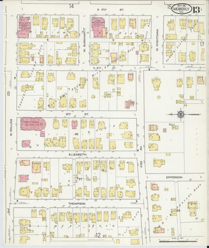 Sanborn Fire Insurance Map from Moberly, Randolph County, Missouri (1916), Sheet #0013 - Historic Sanborn Fire Insurance Map Print, vintage old map wall art, antique decor, genealogy gift, Missouri Missouri map