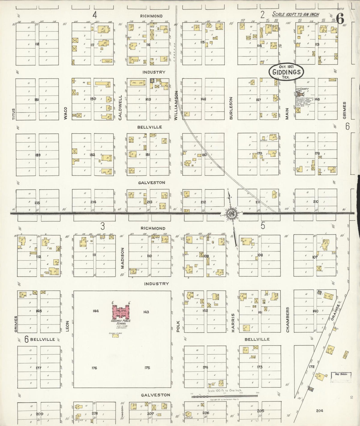 Sanborn Fire Insurance Map from Giddings, Lee County, Texas (1921), Sheet #0006 - Historic Sanborn Fire Insurance Map Print, vintage old map wall art, antique decor, genealogy gift, Texas Texas map