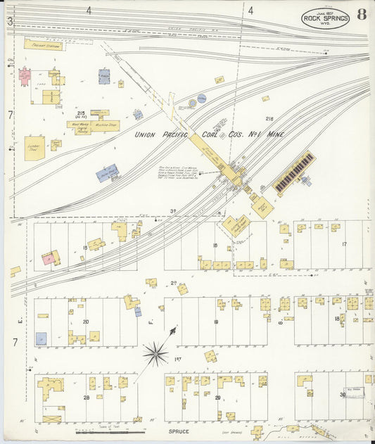 Sanborn Fire Insurance Map from Rock Springs, Sweetwater County, Wyoming (1907), Sheet #0008 - Historic Sanborn Fire Insurance Map Print, vintage old map wall art, antique decor, genealogy gift, Wyoming Wyoming map