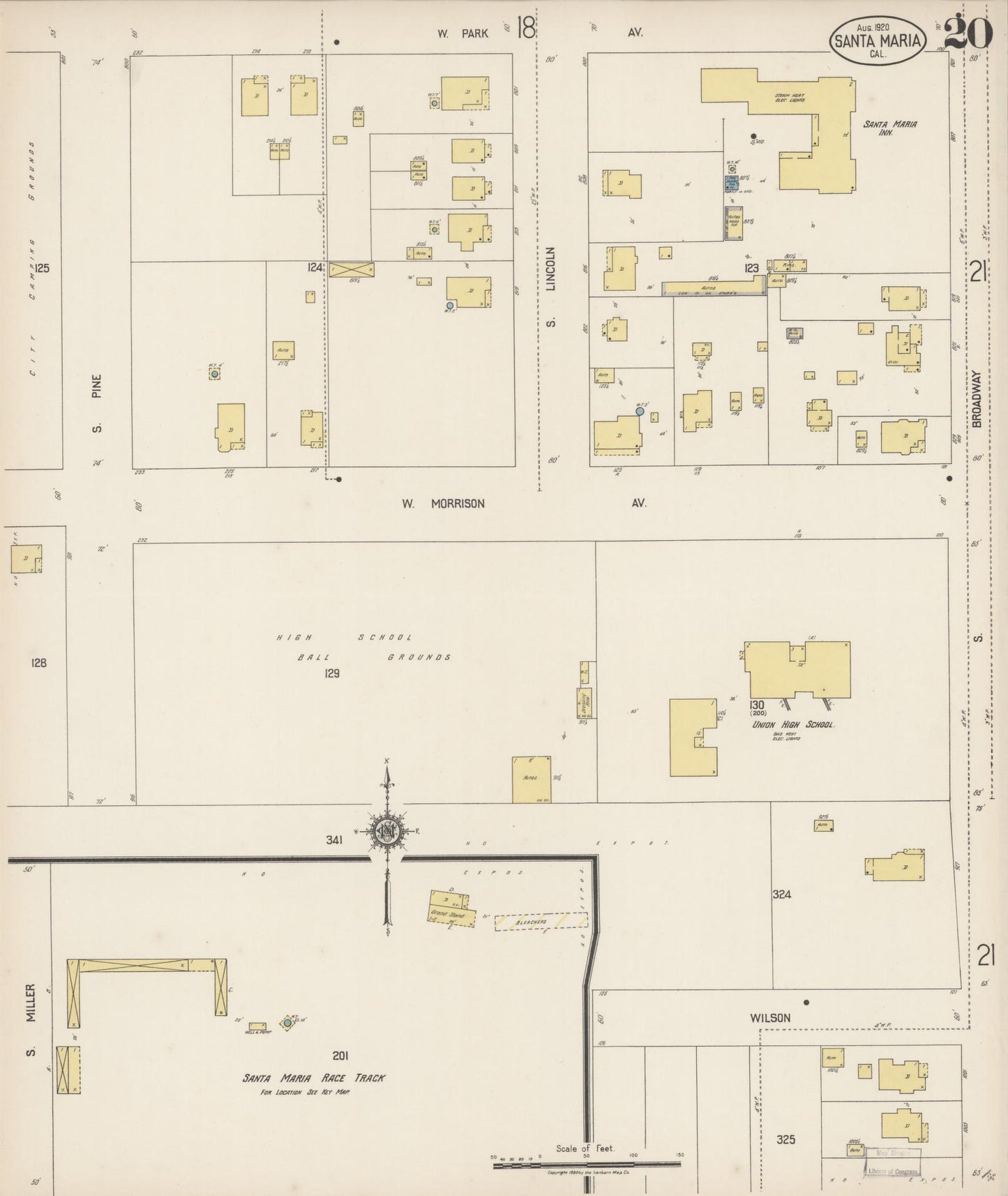 Sanborn Fire Insurance Map from Santa Maria, Santa Barbara County, California (1920), Sheet #0020 - Complete Map Set gallery image, historic Sanborn map, vintage wall art, California California