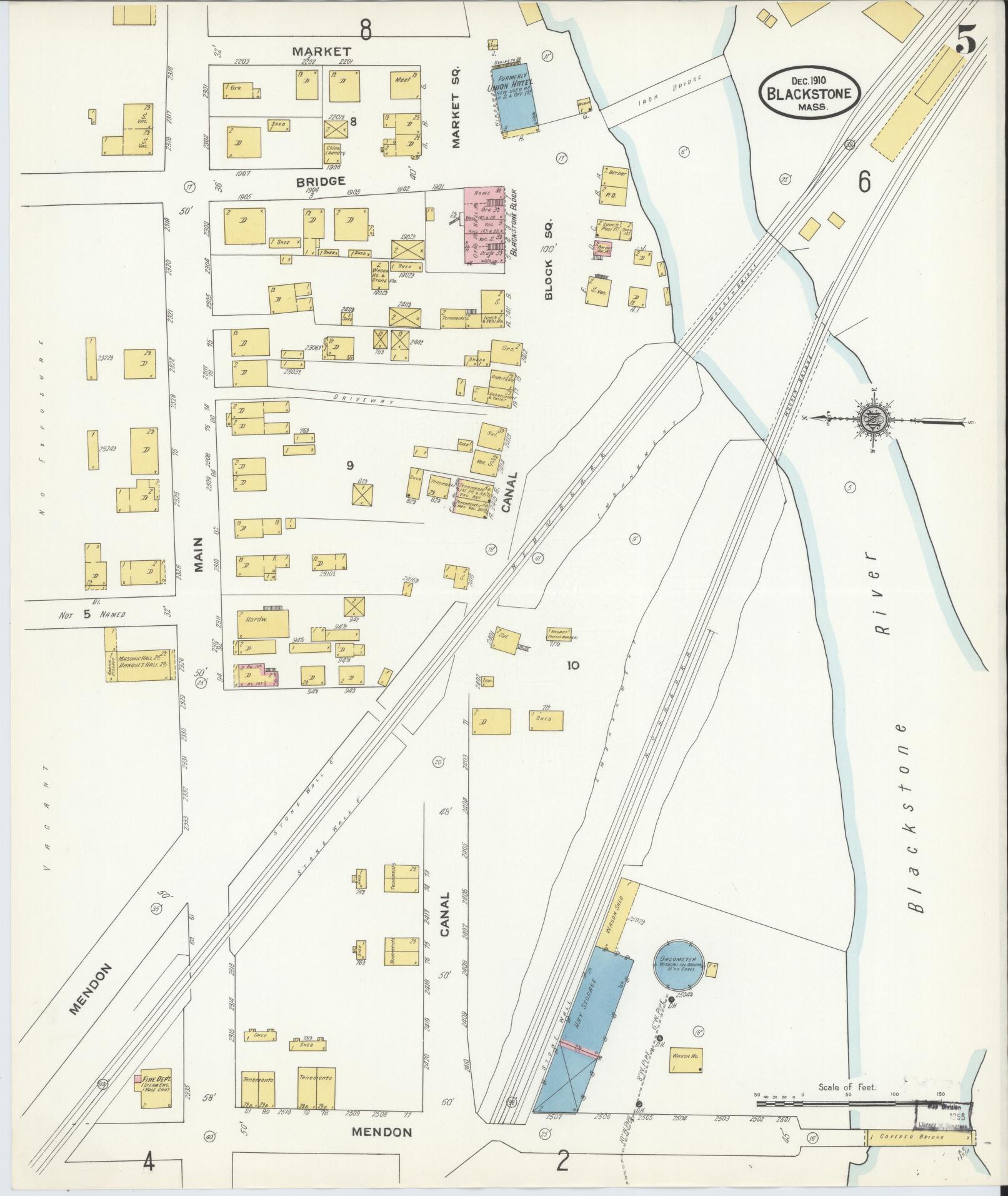 Sanborn Fire Insurance Map from Blackstone, Worcester County, Massachusetts (1910), Sheet #0005 - Complete Map Set gallery image, historic Sanborn map, vintage wall art, Massachusetts Massachusetts