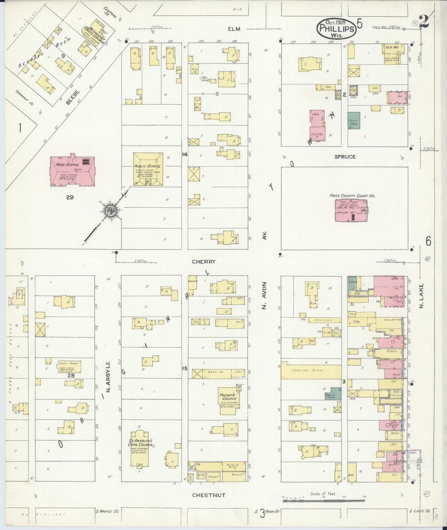 Sanborn Fire Insurance Map from Phillips, Price County, Wisconsin (1909), Sheet #0002 - Complete Map Set gallery image, historic Sanborn map, vintage wall art, Wisconsin Wisconsin