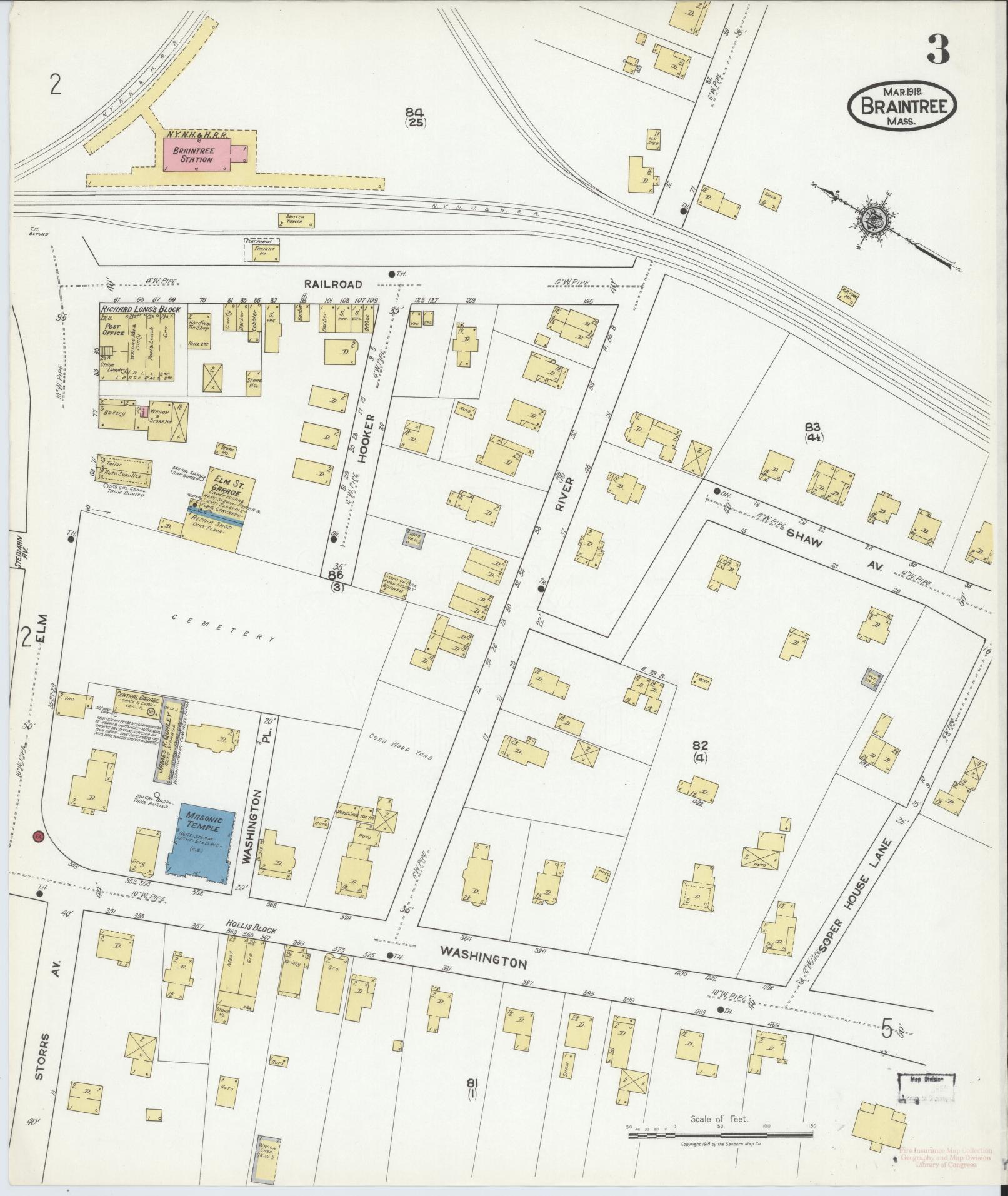 Sanborn Fire Insurance Map from Braintree, Norfolk County, Massachusetts (1919), Sheet #0003 - Complete Map Set gallery image, historic Sanborn map, vintage wall art, Massachusetts Massachusetts
